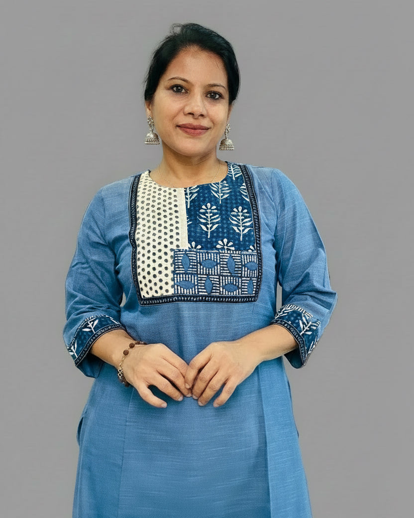 Blue handloom cotton solid kurti