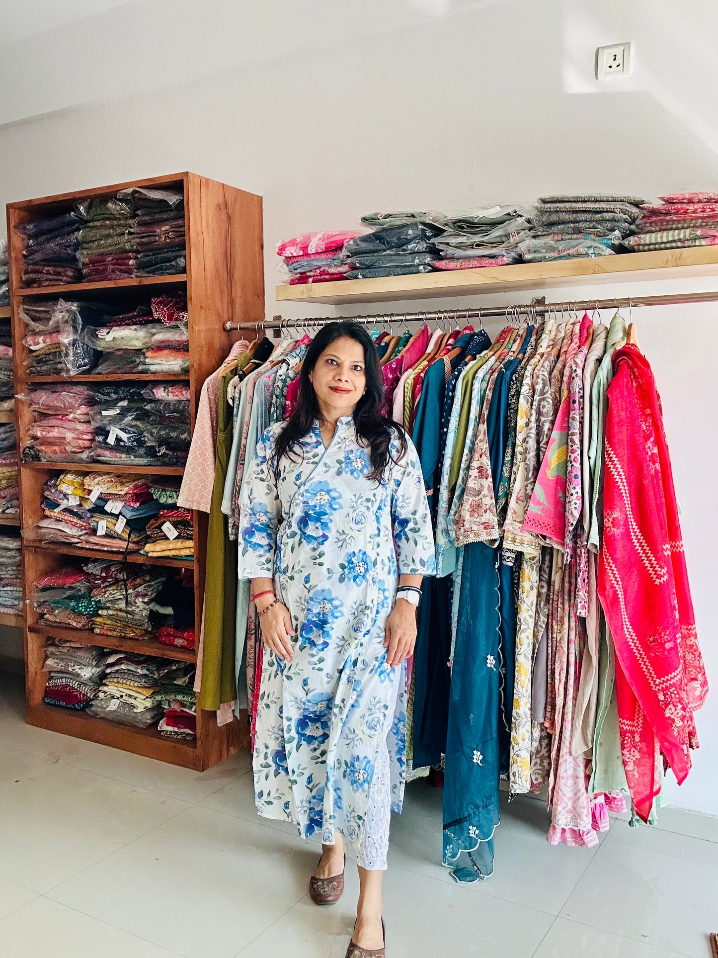 white and blue cotton printed Angarakha kurti