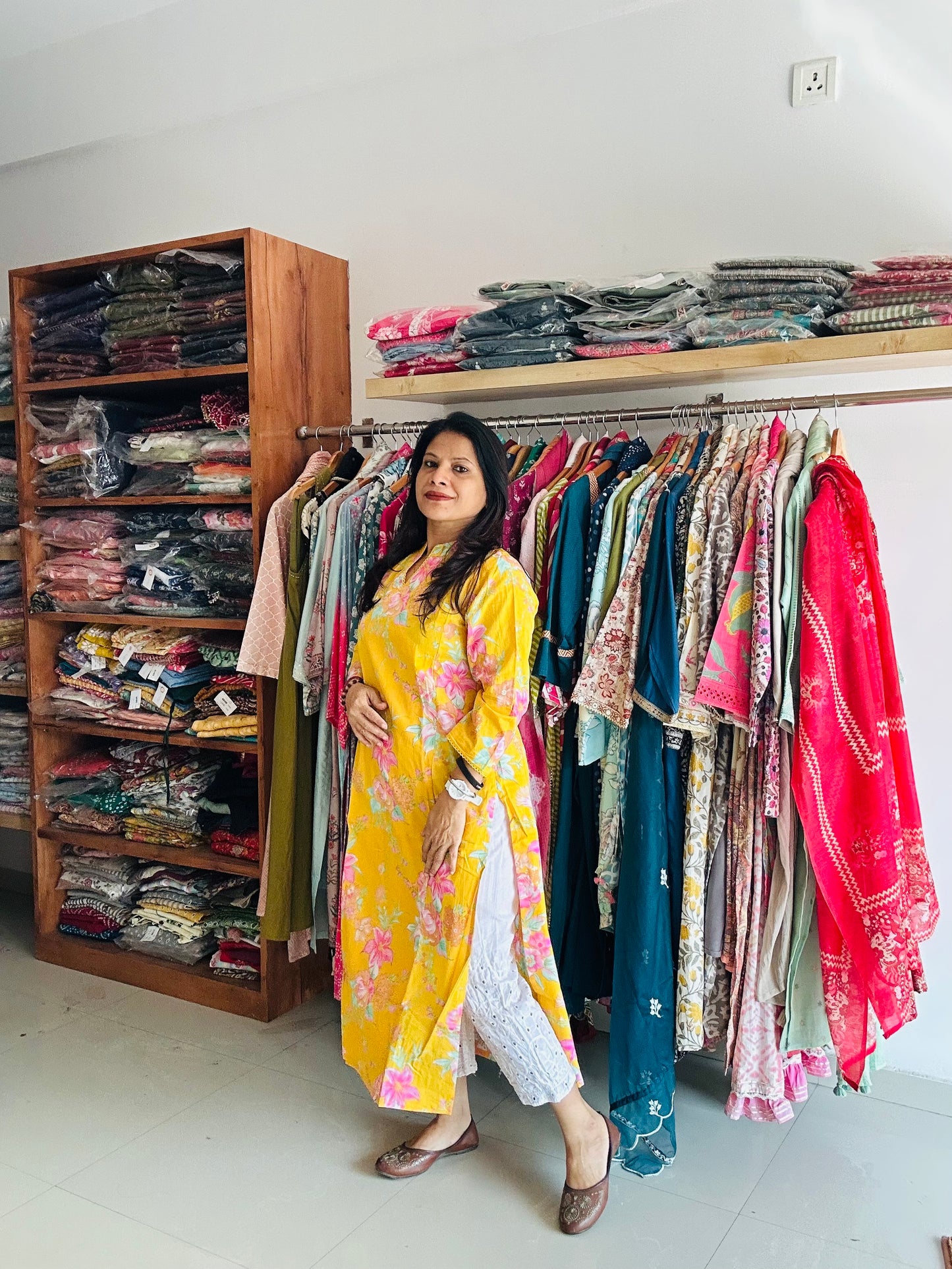 Yellow cotton printed Angarakha kurti