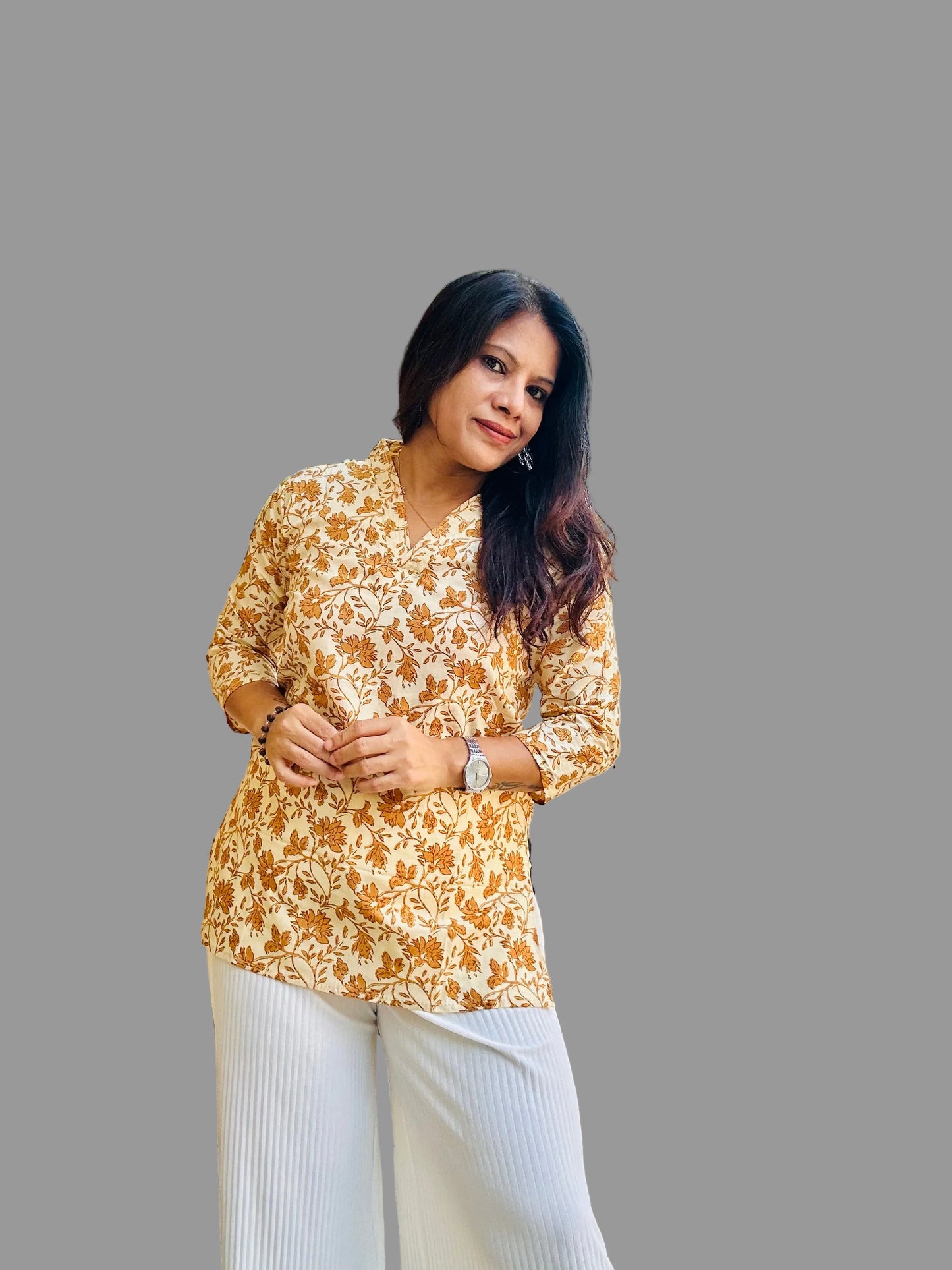 yellow cotton printed short kurti