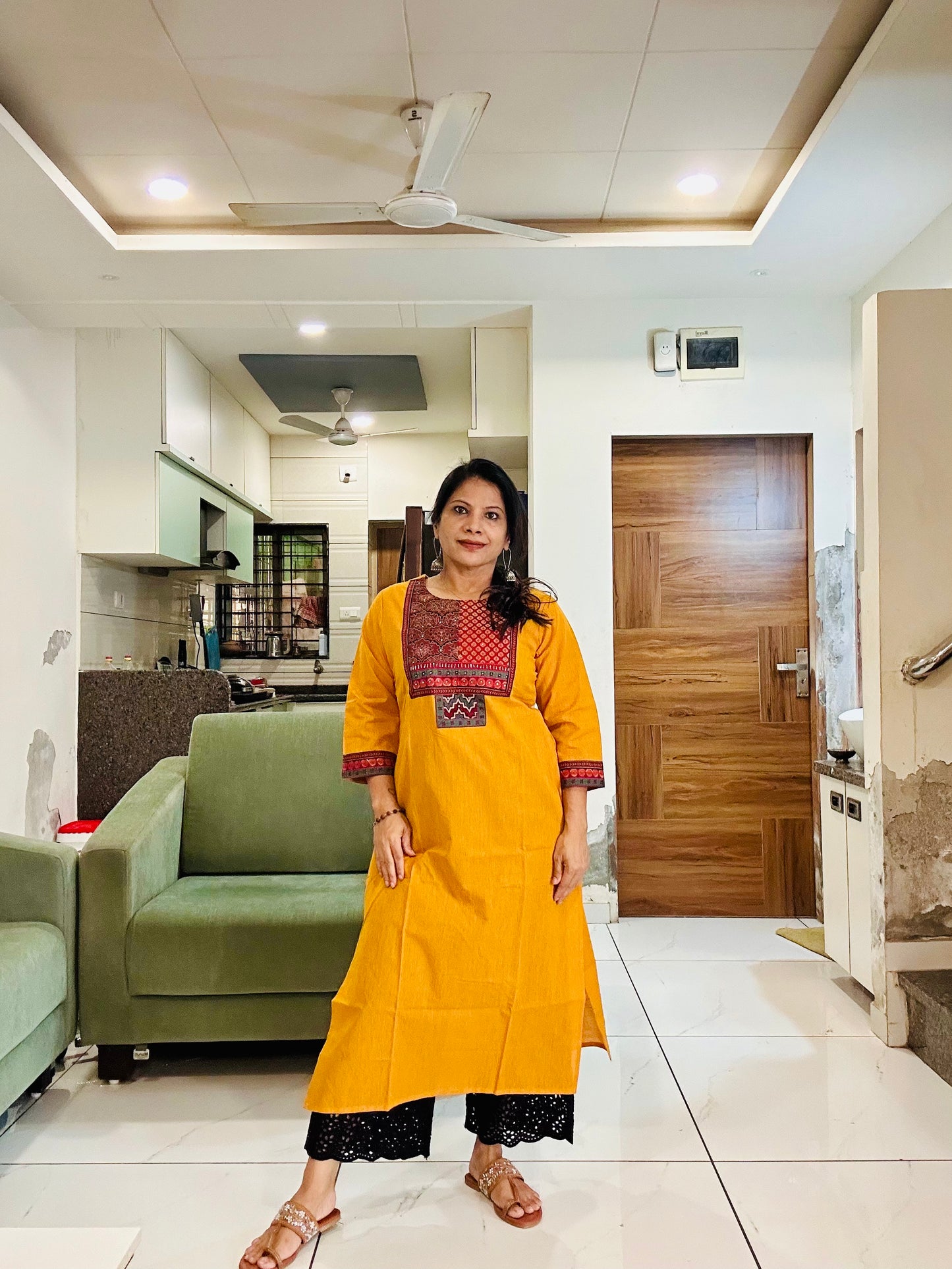 Yellow handloom cotton solid kurti