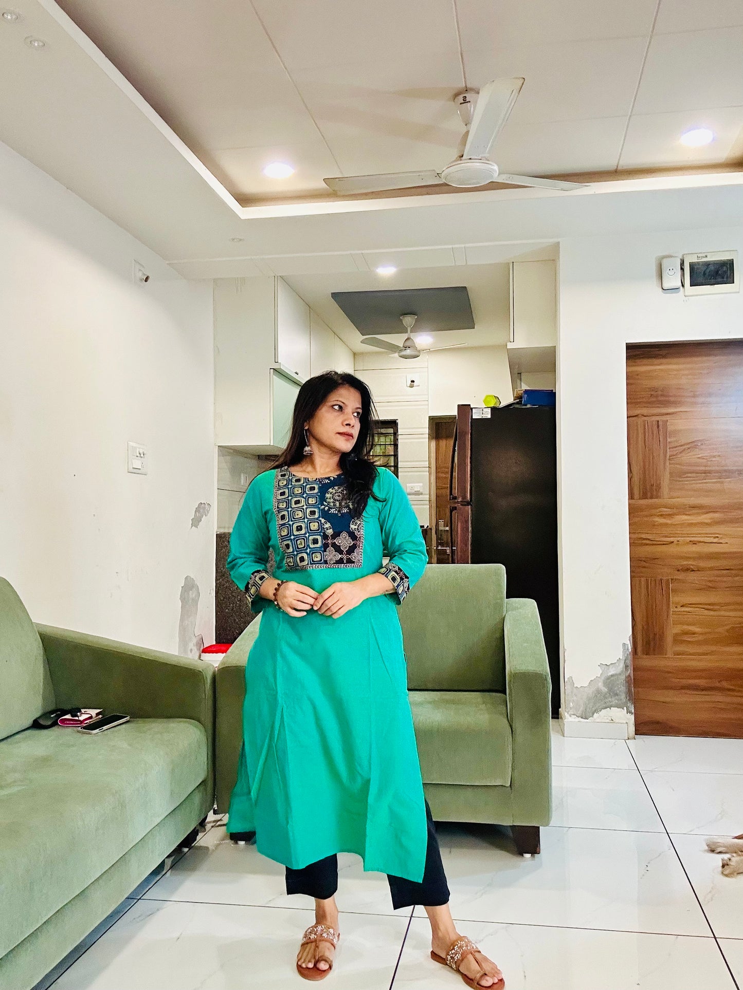 Green handloom cotton solid kurti