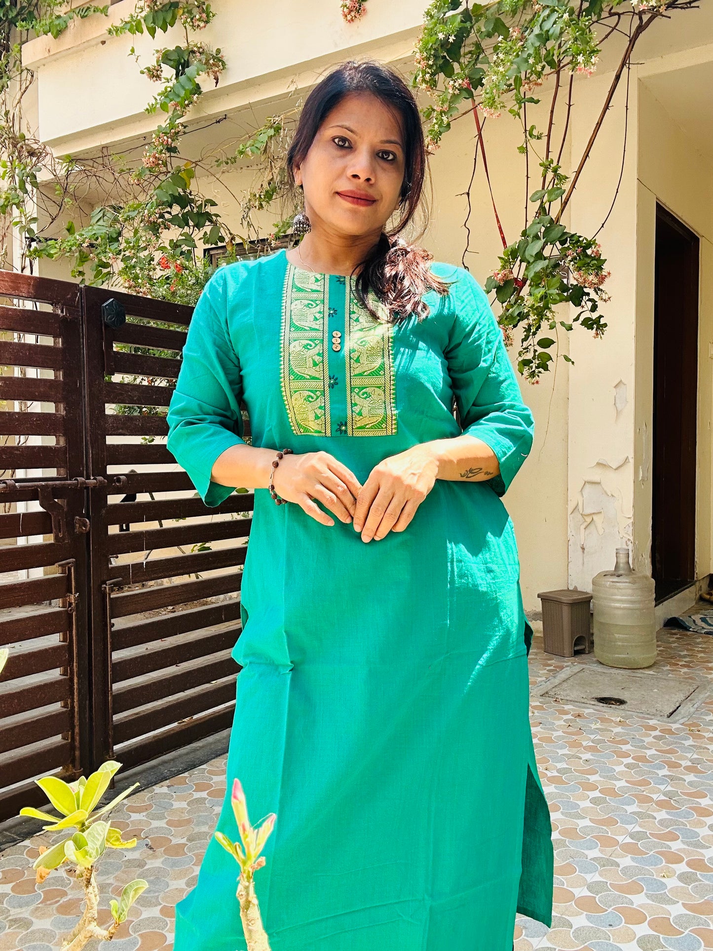 Sea green handloom cotton solid kurti