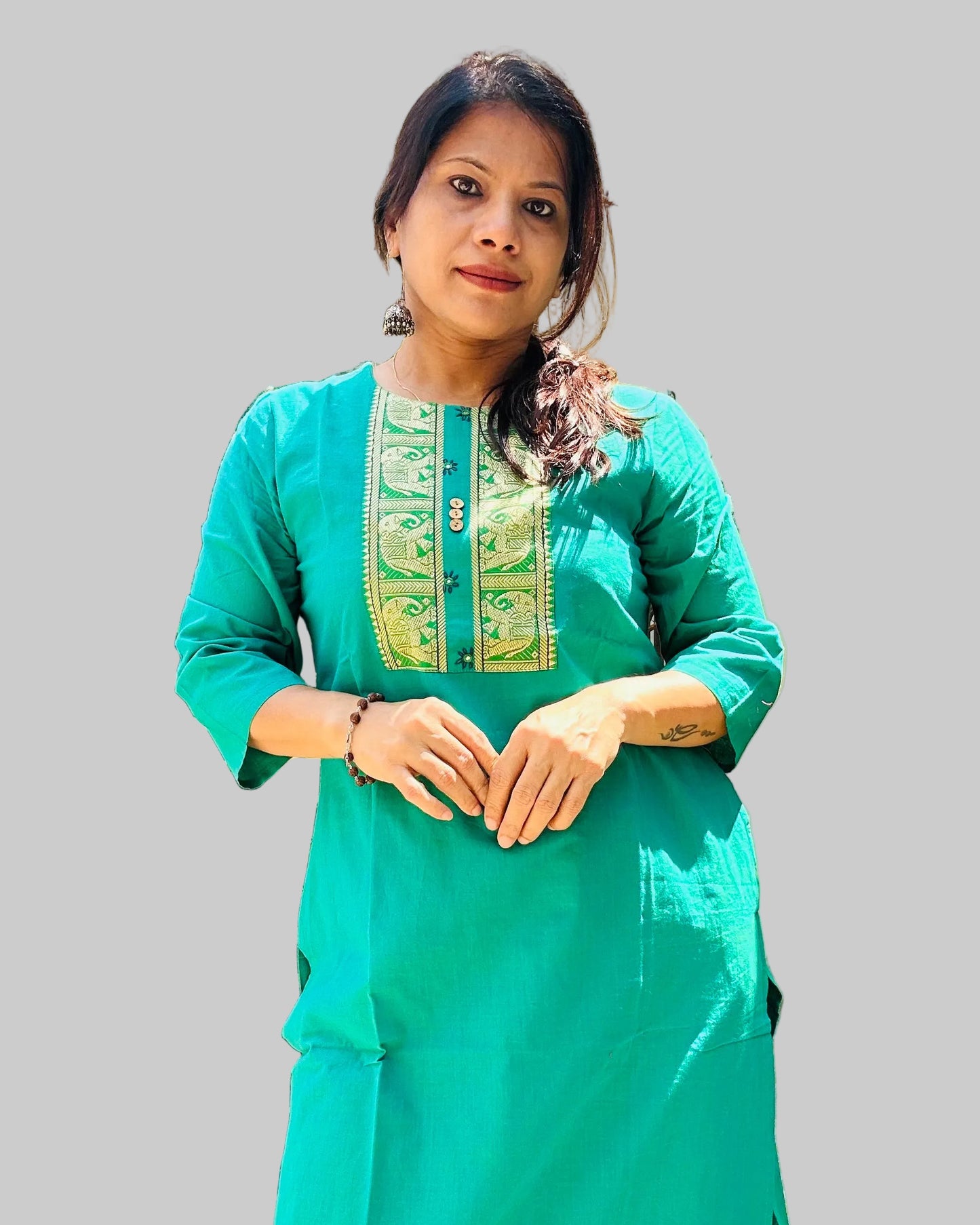 Sea green handloom cotton solid kurti