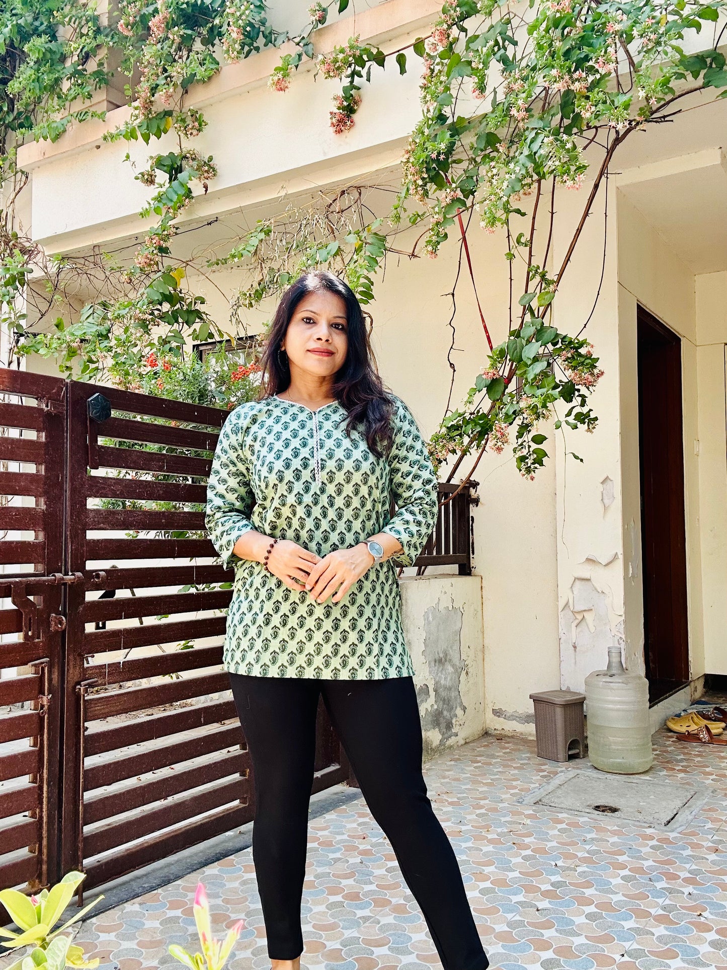 Green cotton printed short kurti