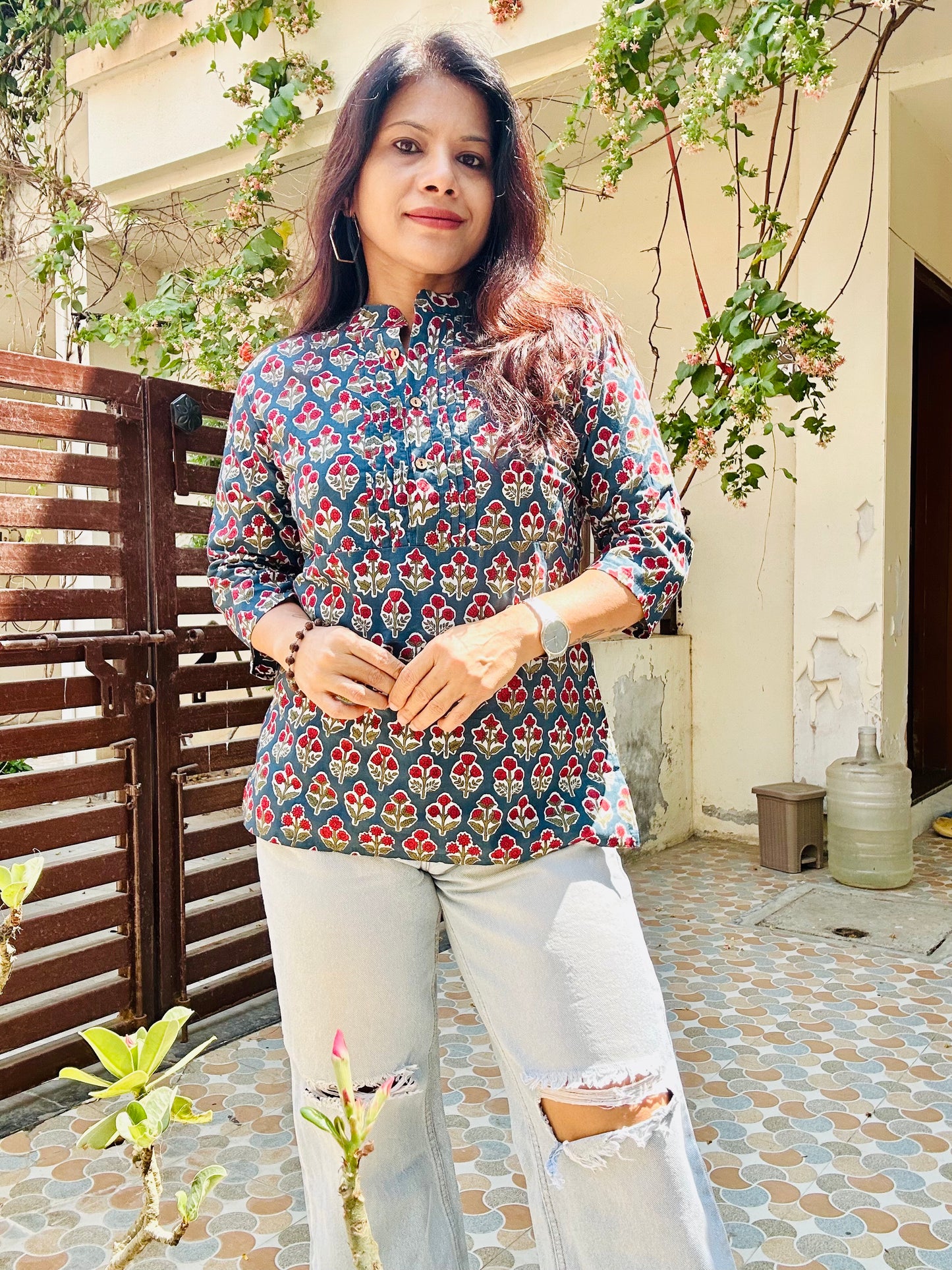 Blue cotton printed short kurti
