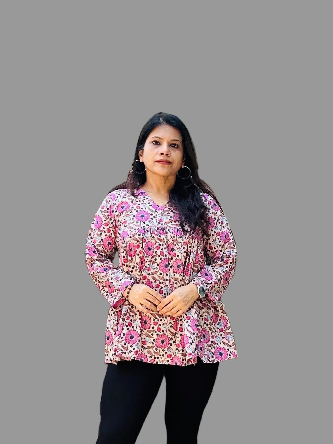 Pink & beige cotton printed short kurti