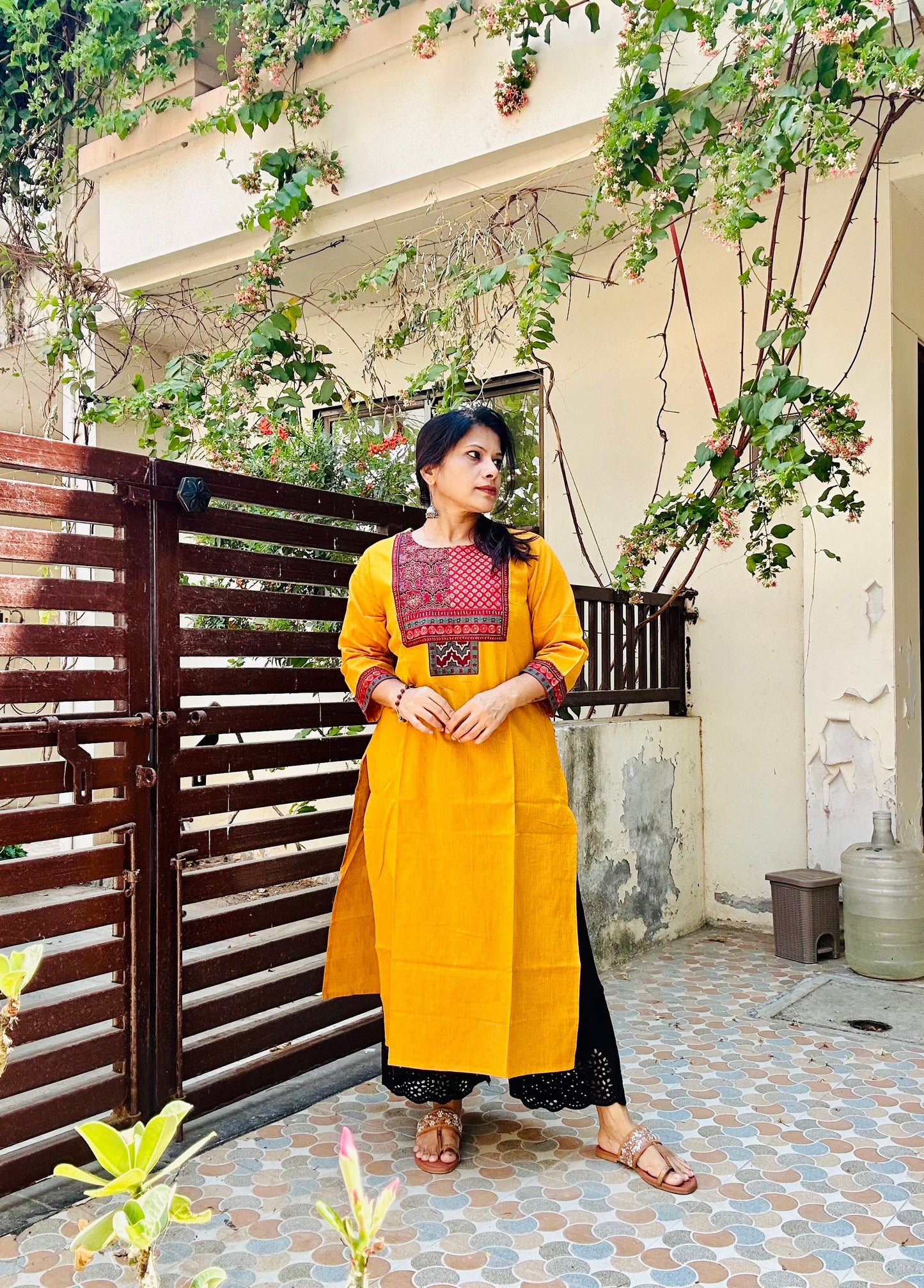 Yellow handloom cotton solid kurti