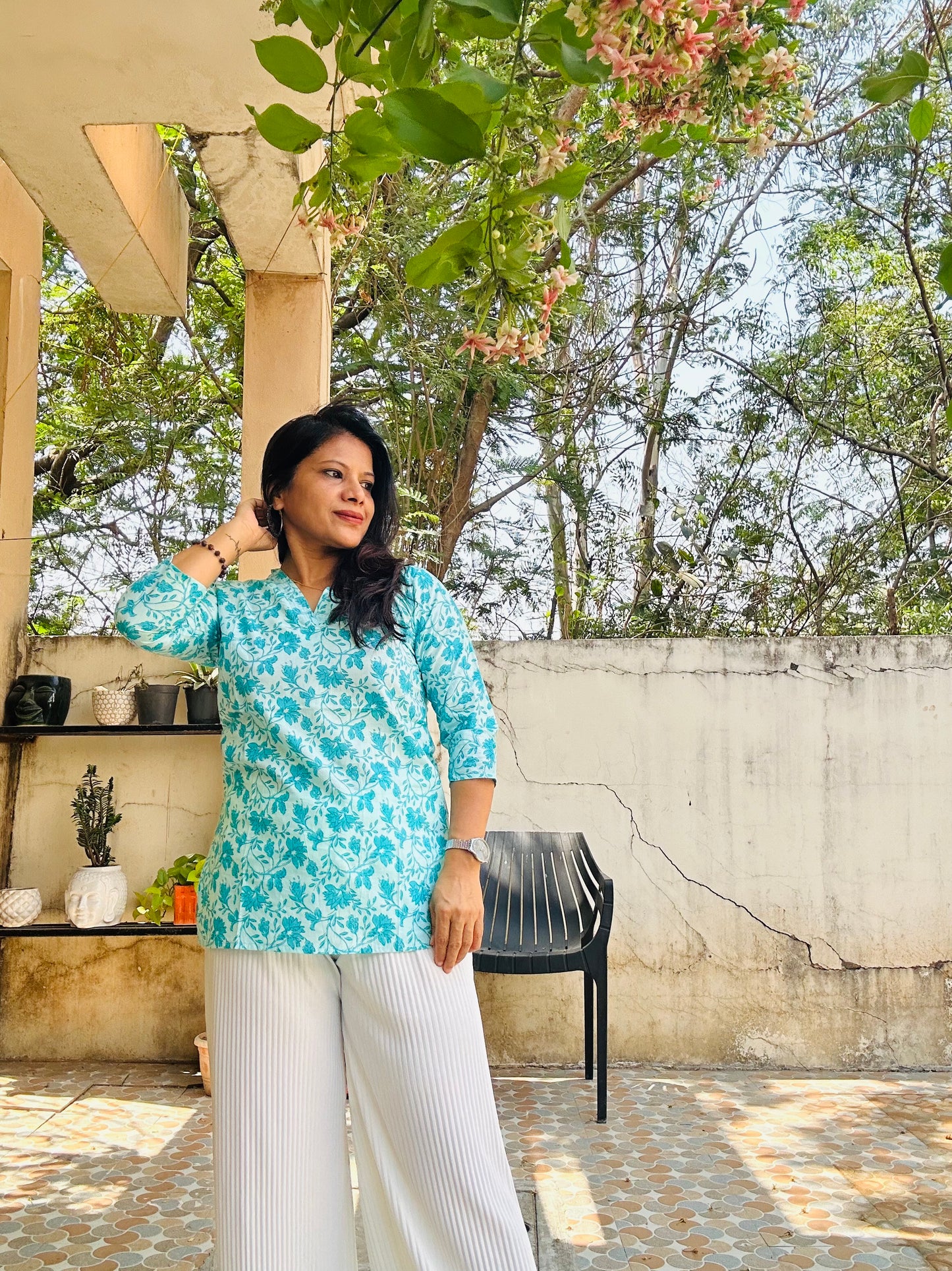 sea green cotton printed short kurti
