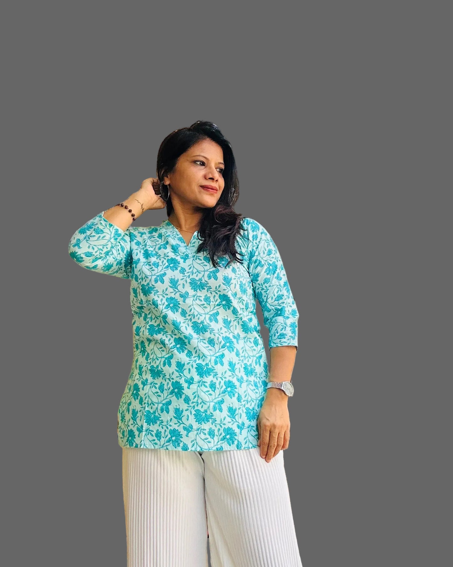 sea green cotton printed short kurti