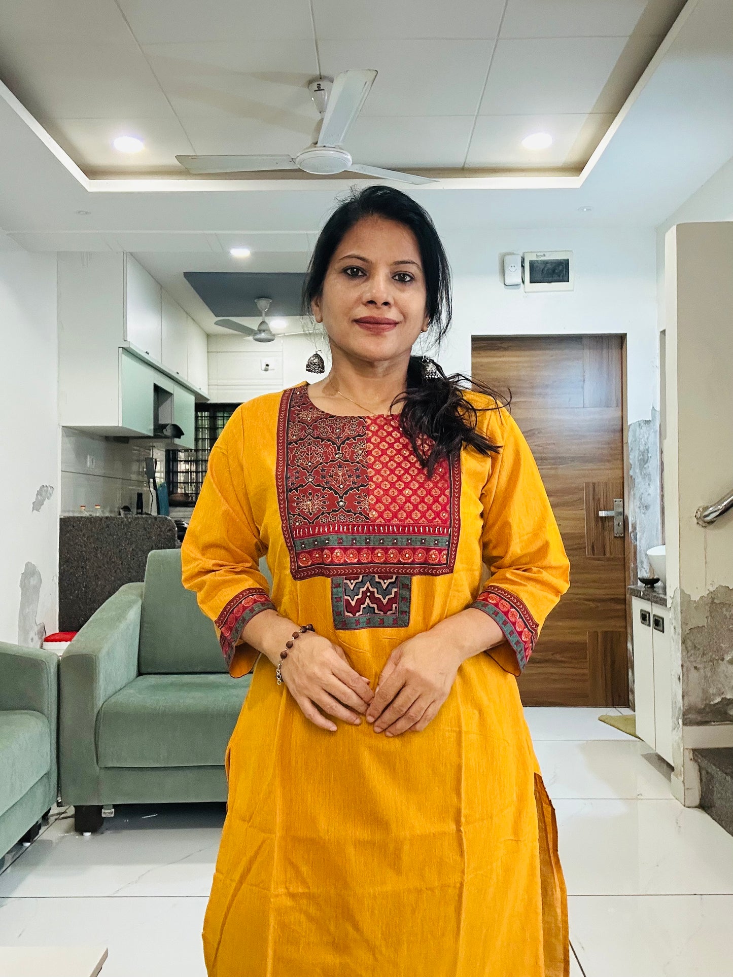 Yellow handloom cotton solid kurti