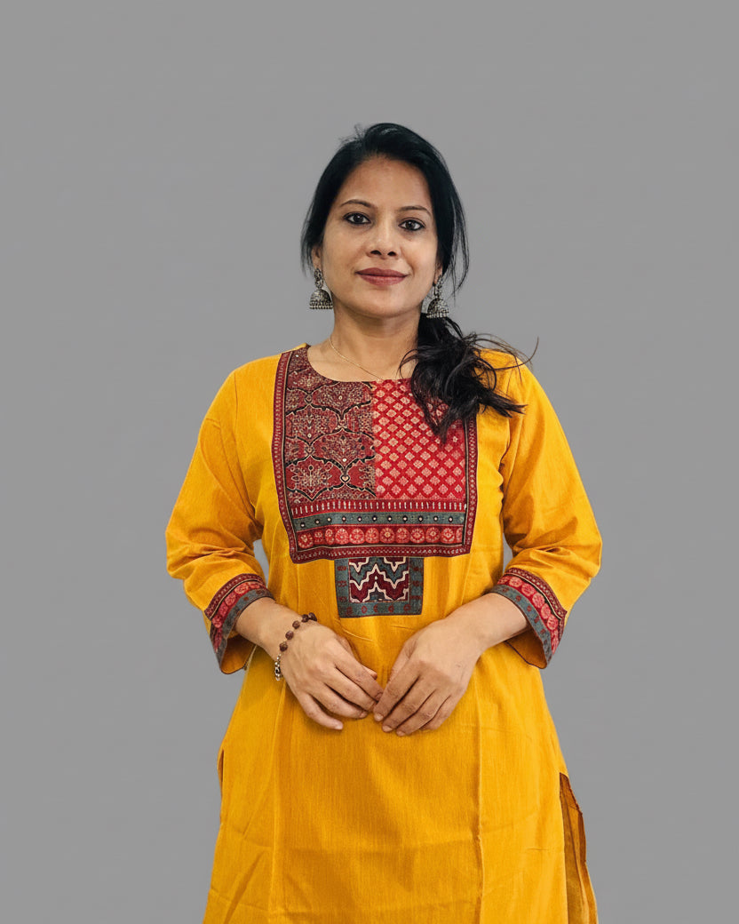 Yellow handloom cotton solid kurti