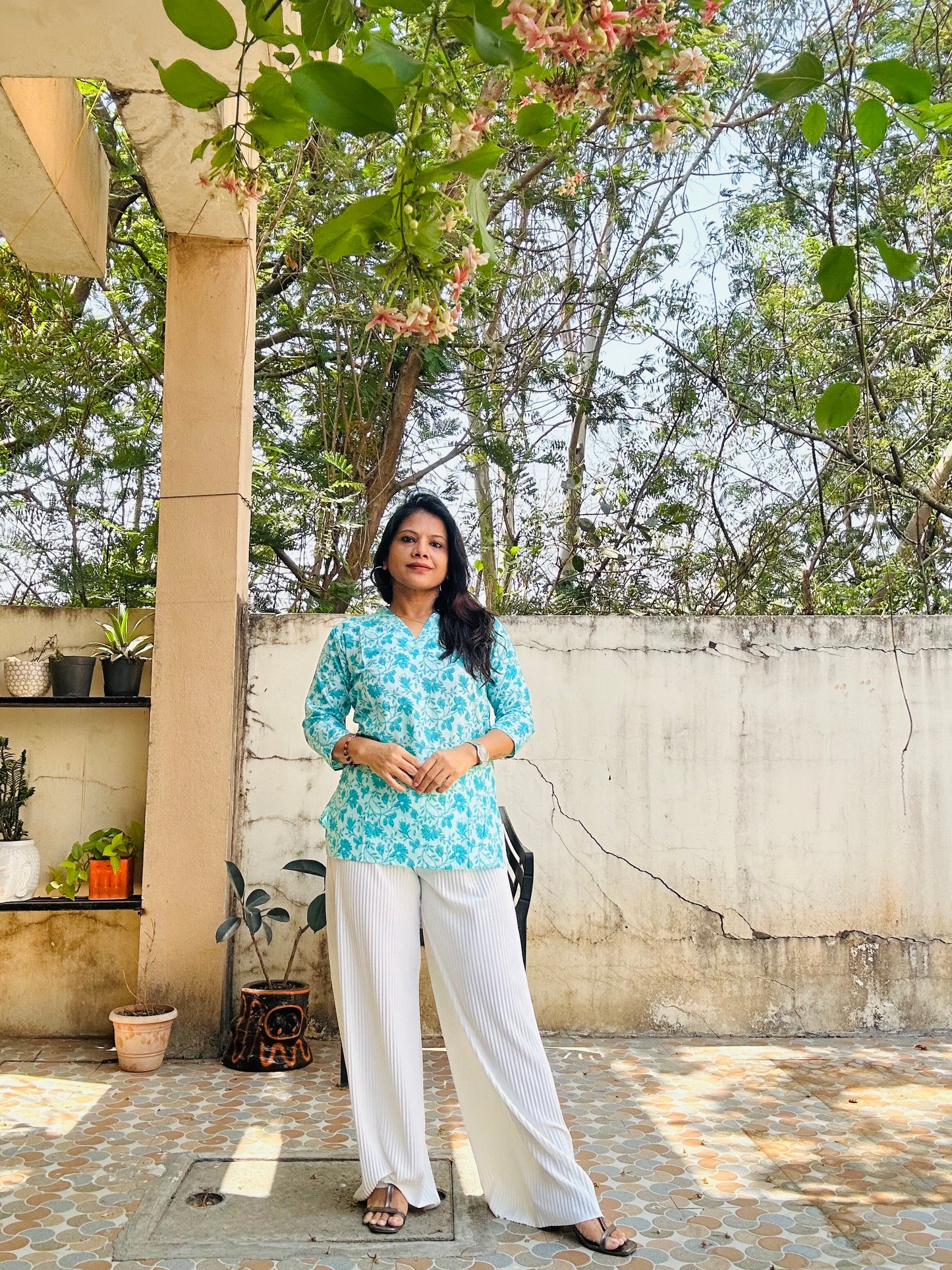 sea green cotton printed short kurti