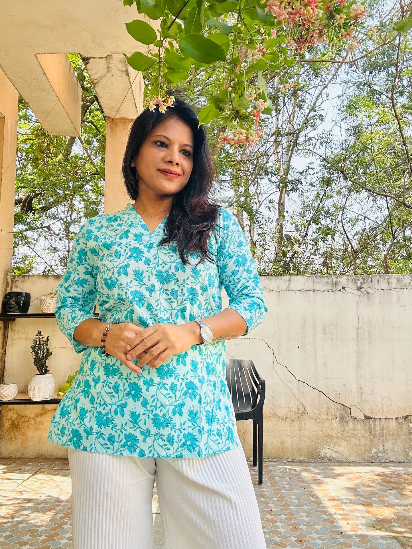 sea green cotton printed short kurti