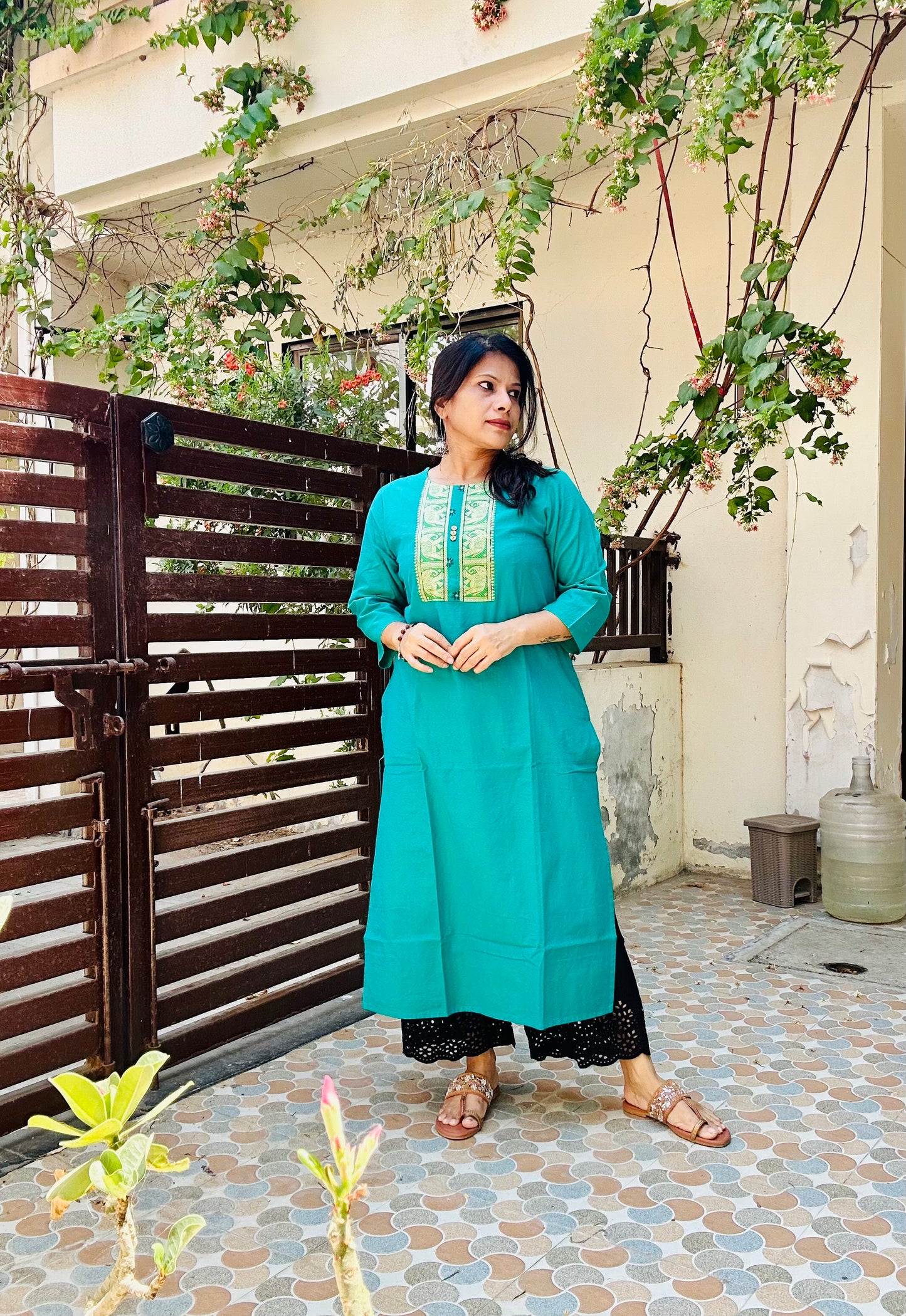Sea green handloom cotton solid kurti