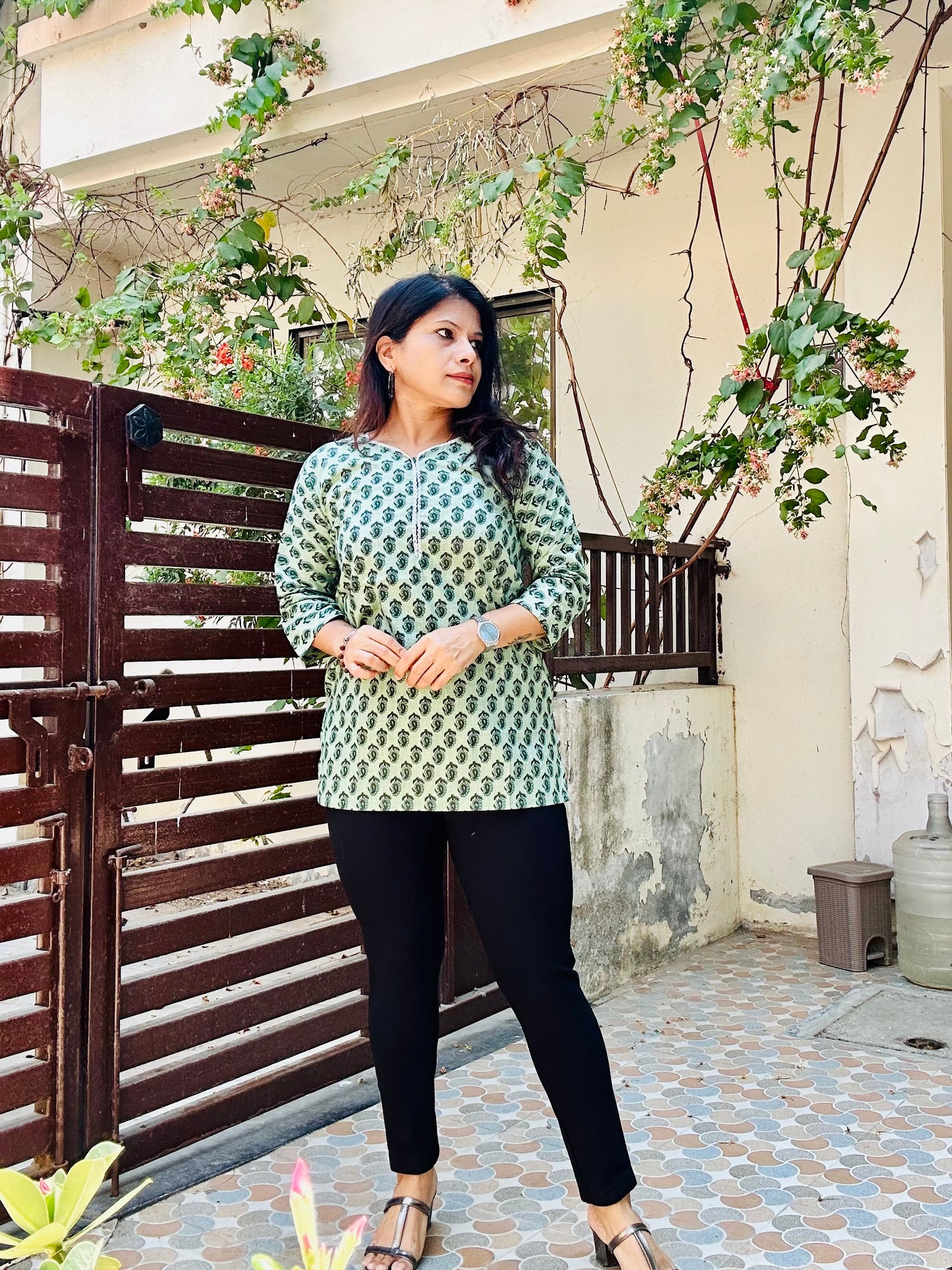 Green cotton printed short kurti