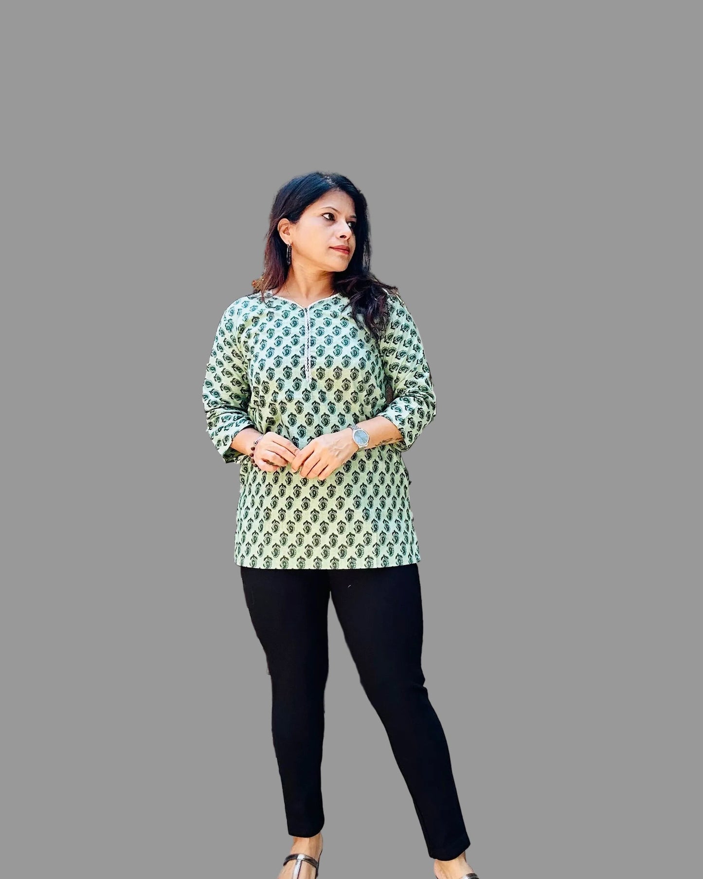 Green cotton printed short kurti