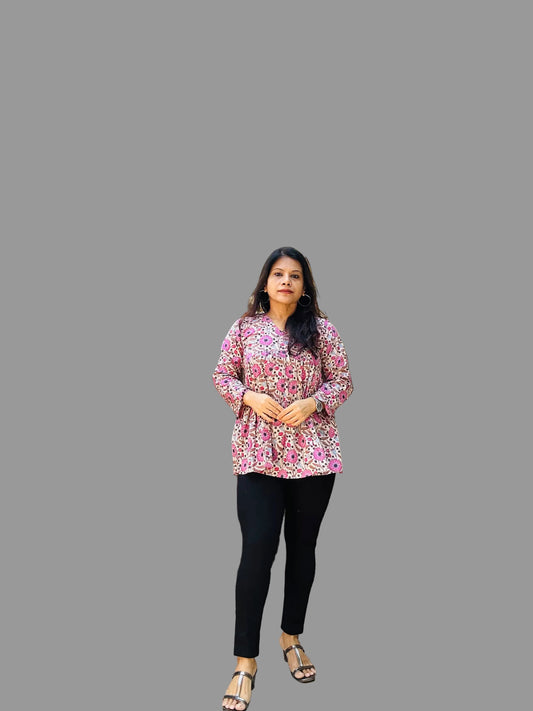 Pink & beige cotton printed short kurti