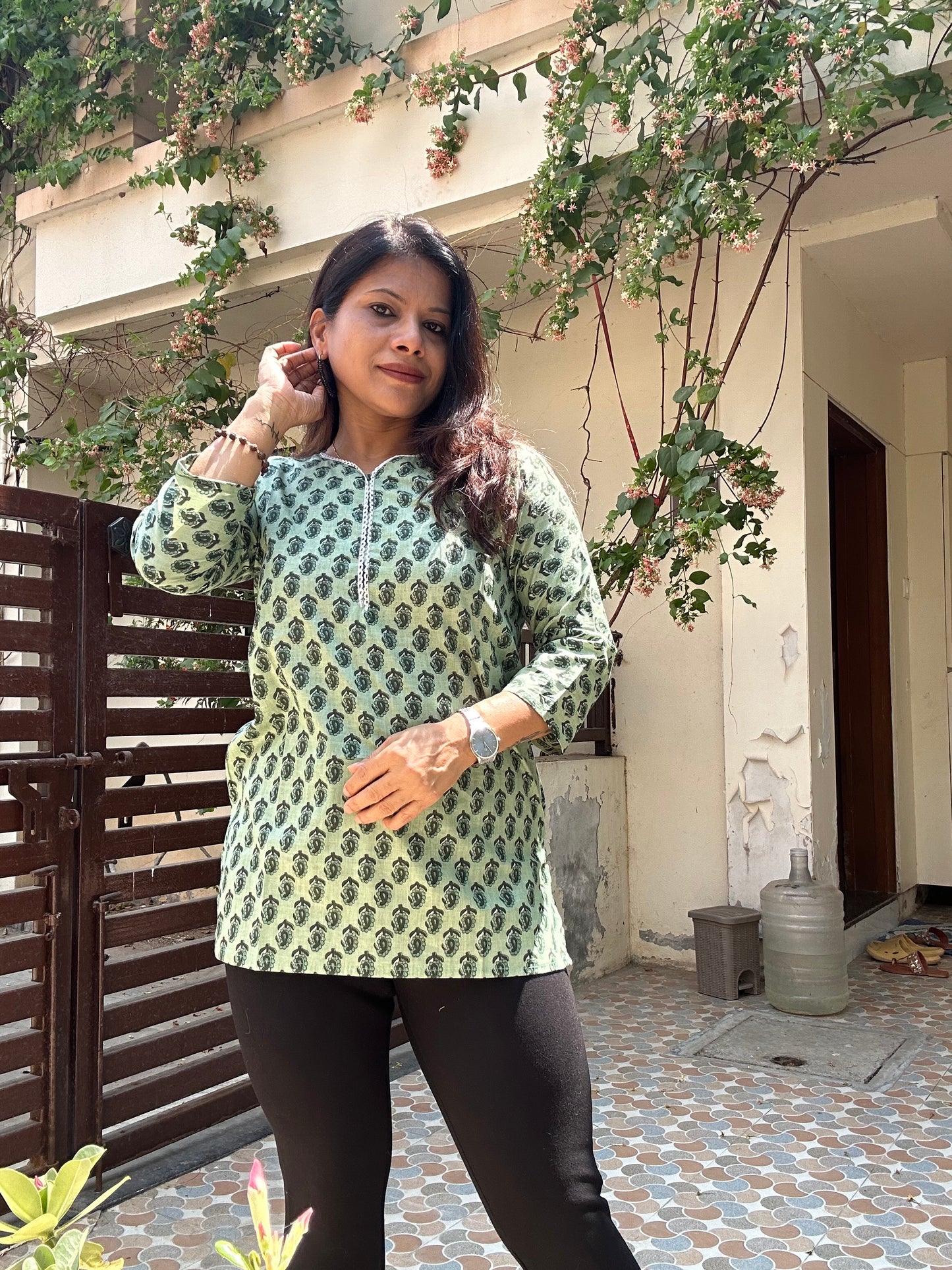 Green cotton printed short kurti