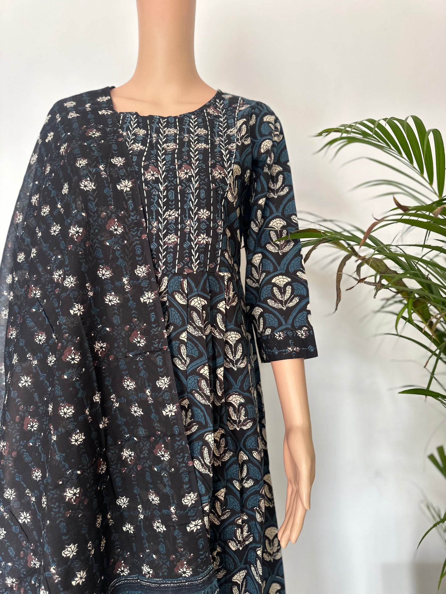 Black printed A-line Kurti set