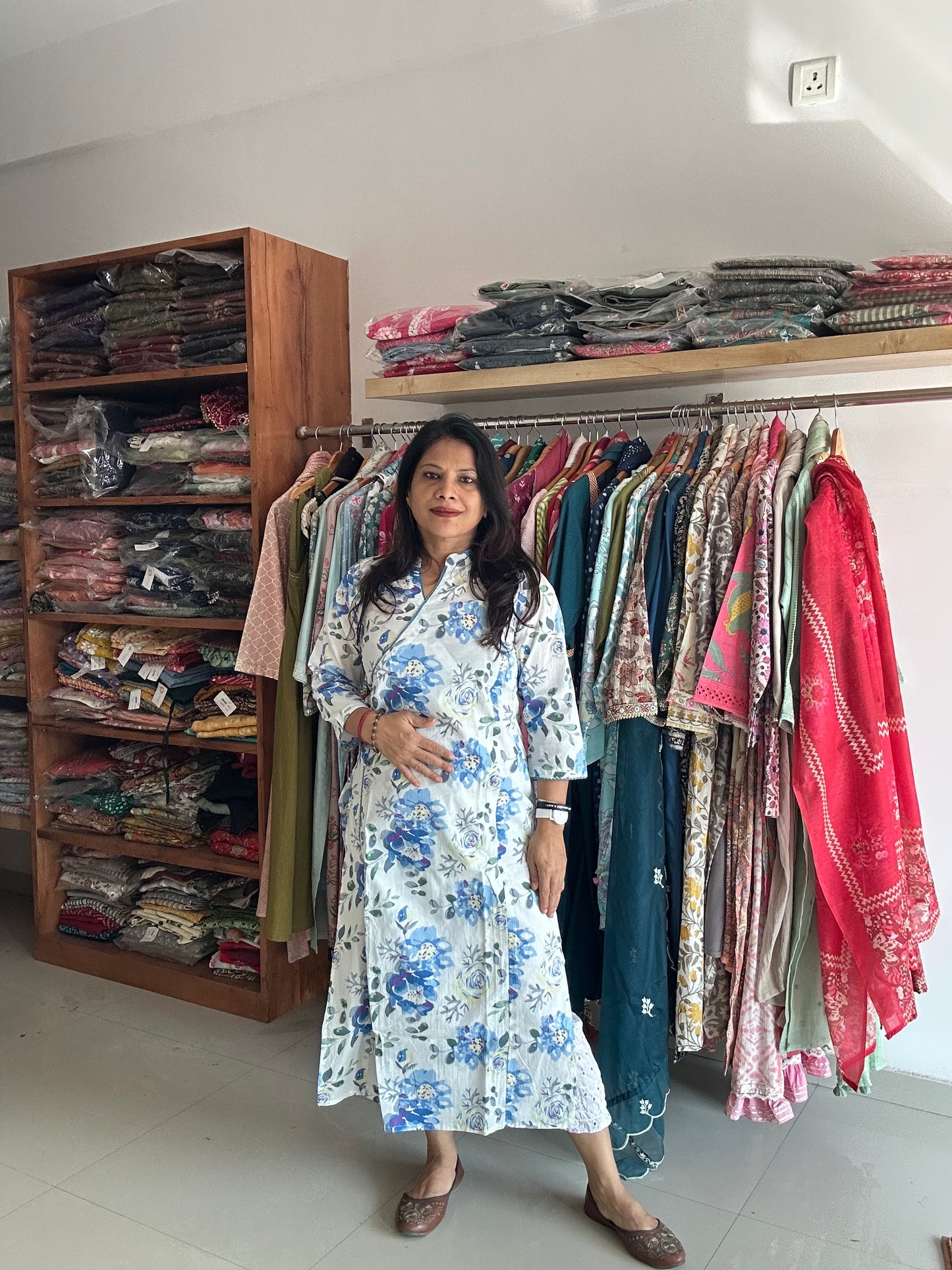 white and blue cotton printed Angarakha kurti