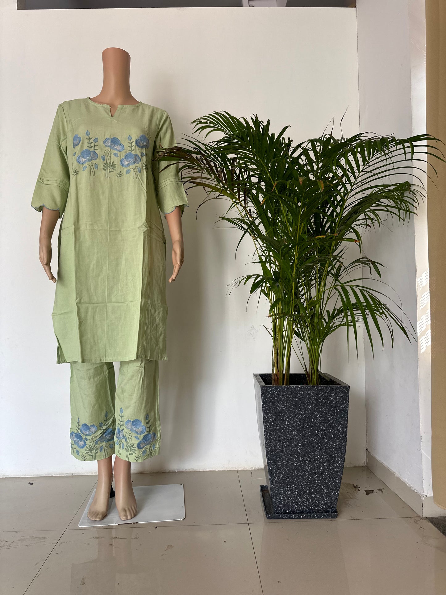 Green embroidered cotton co ord set