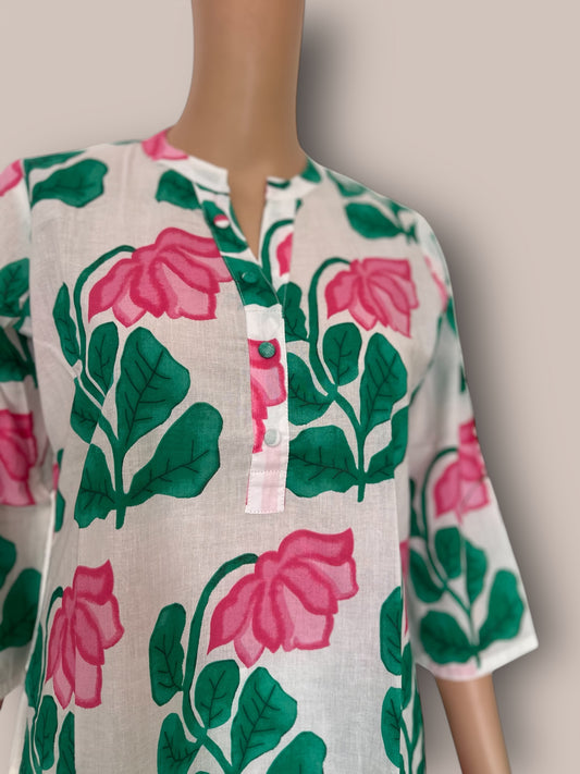 White & green cotton printed co ord set