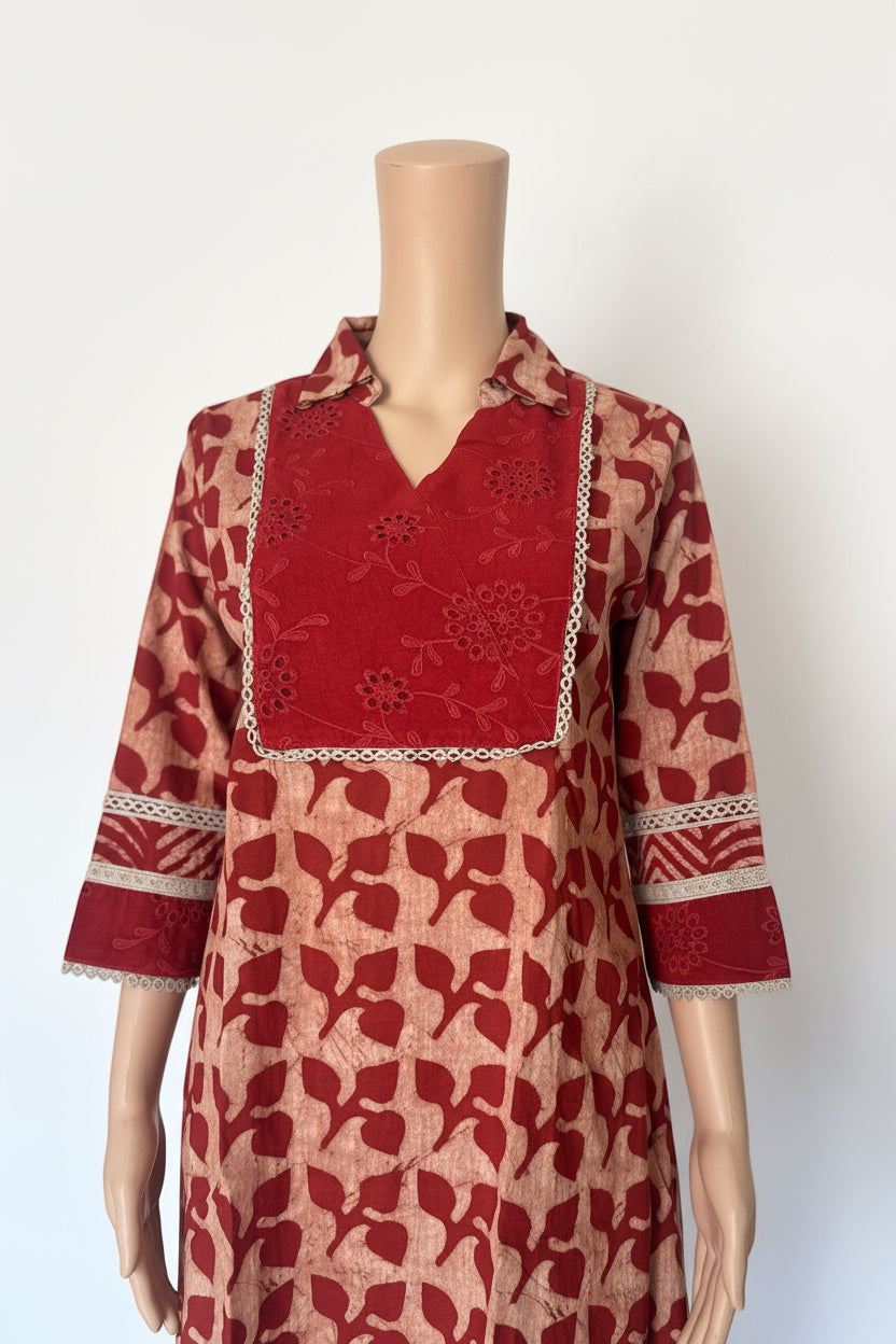 Red cotton printed high low co ord set