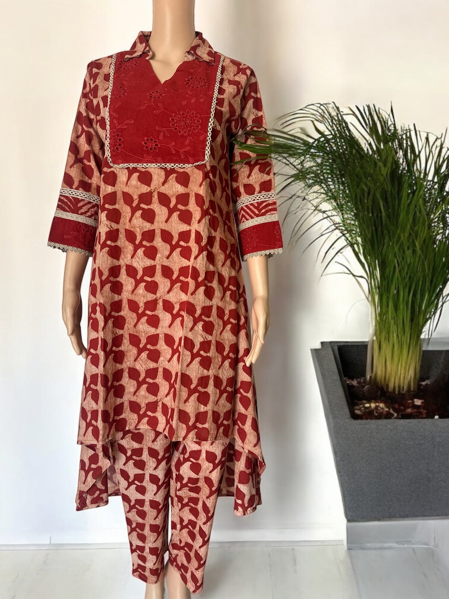 Red cotton printed high low co ord set