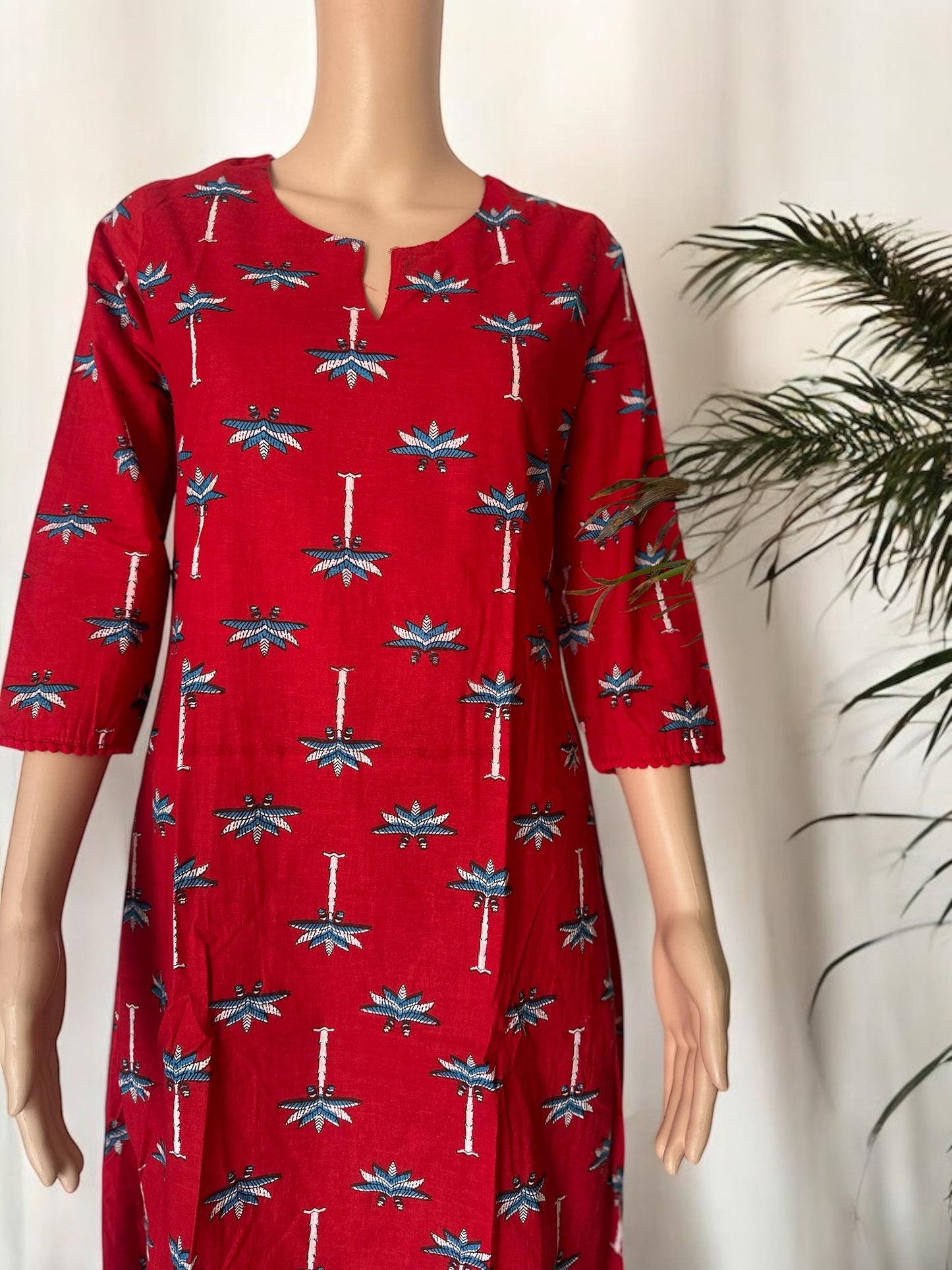 Red cotton printed A line kurti set