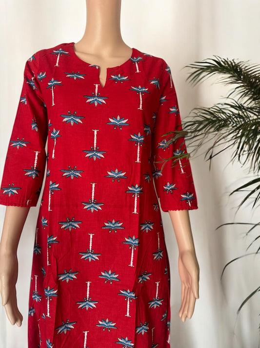 Red cotton printed A line kurti set