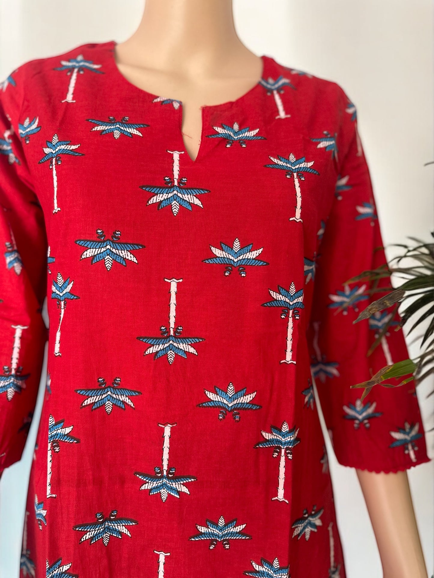 Red cotton printed A line kurti set
