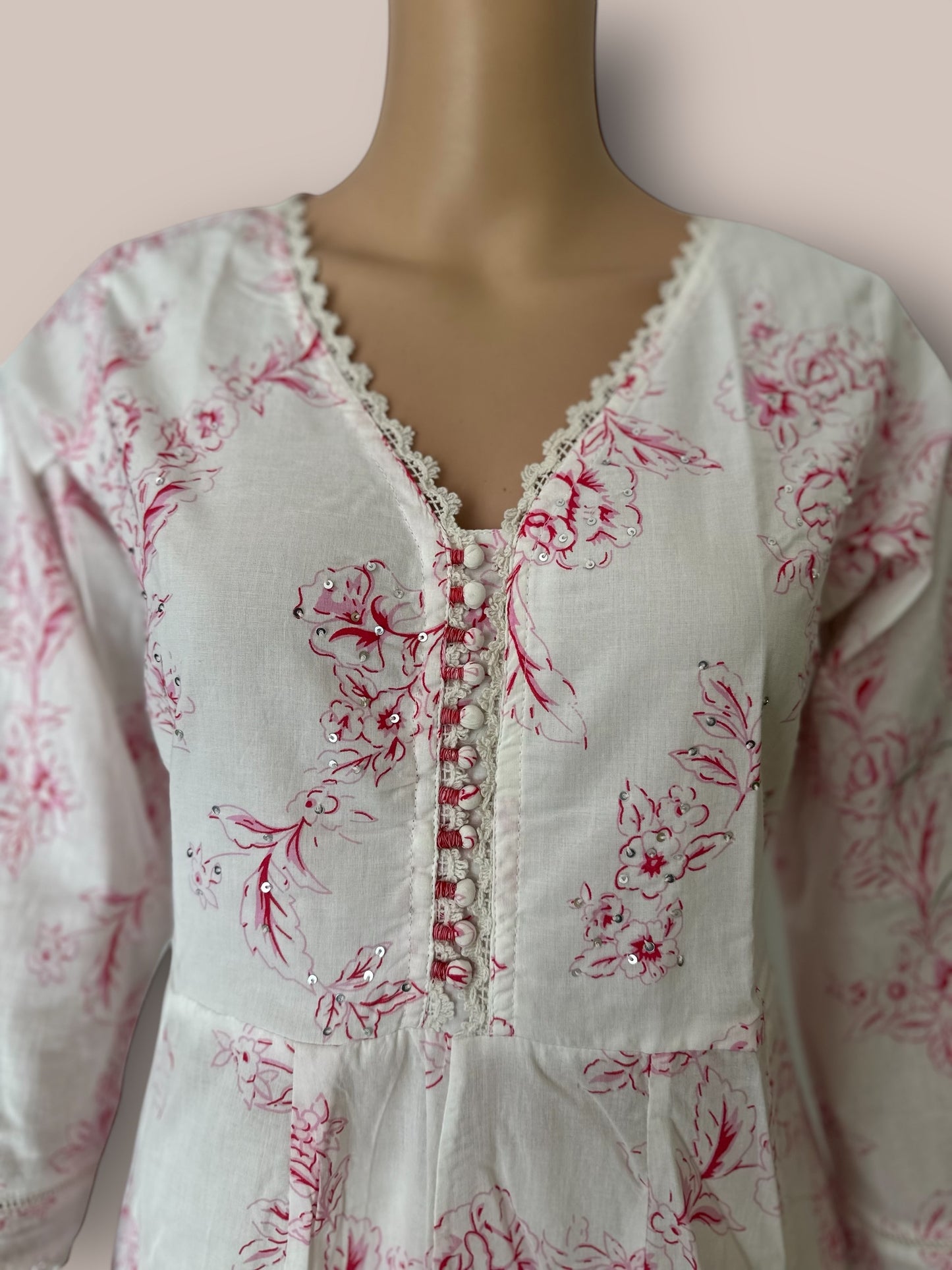 White & pink 2 piece Anarkali kurti set