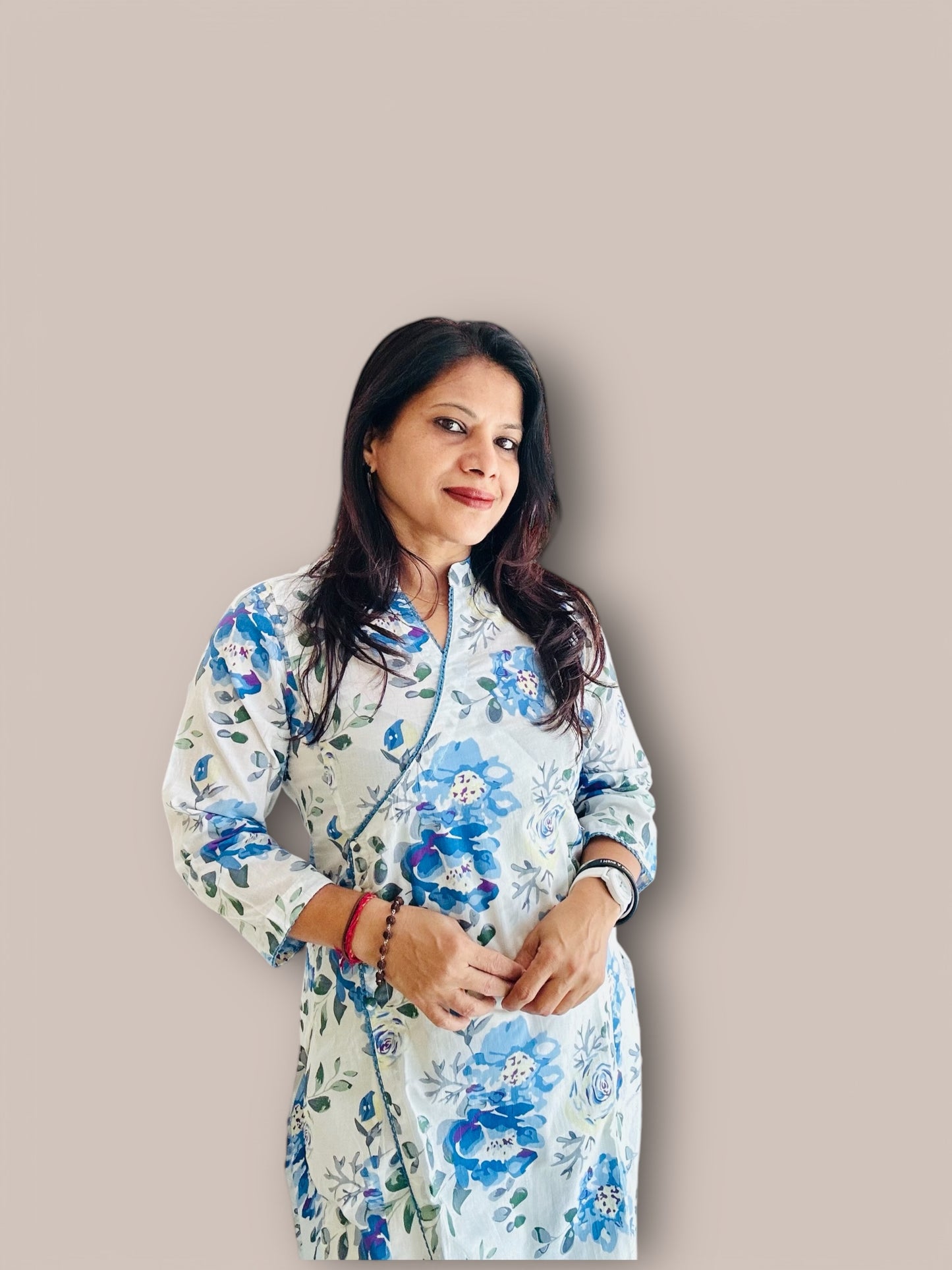 white and blue cotton printed Angarakha kurti