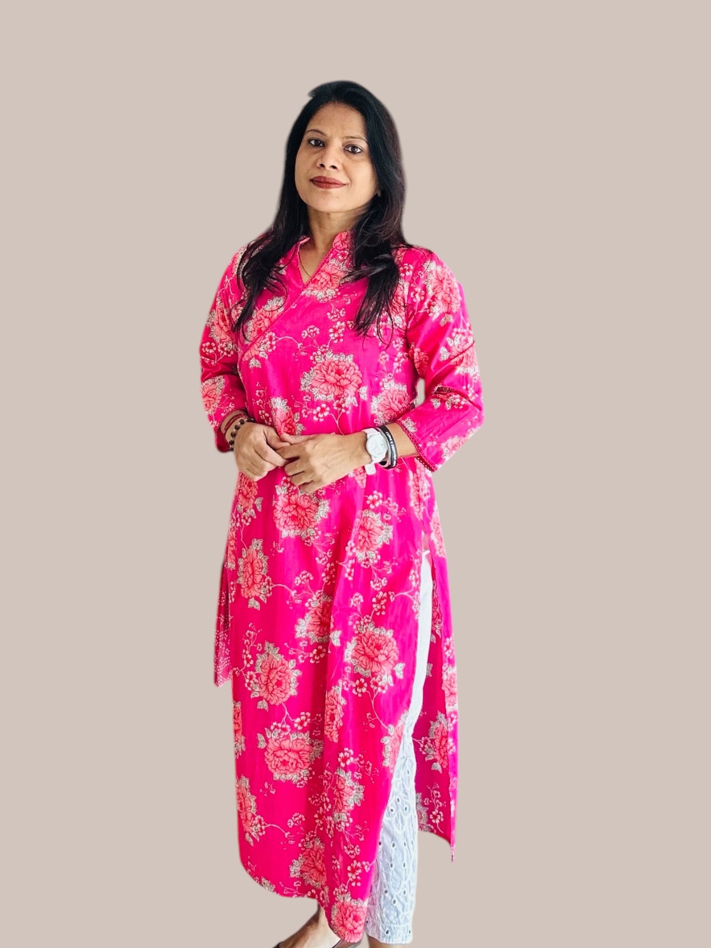 pink cotton printed Angarakha kurti