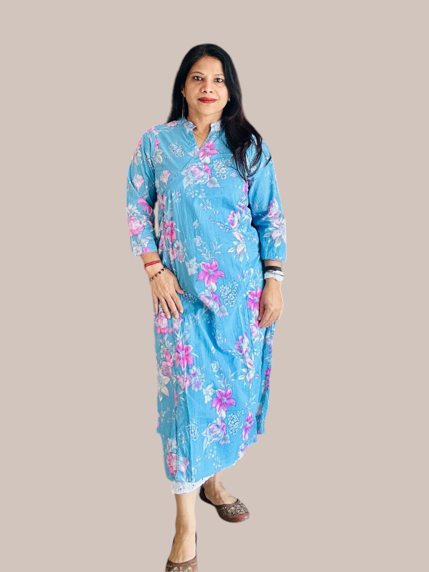 Blue cotton printed Angarakha kurti