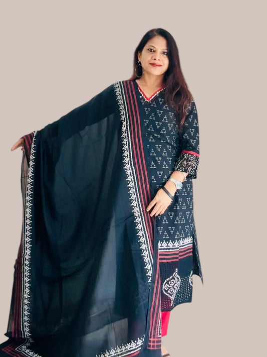 Black cotton block print kurta set 1