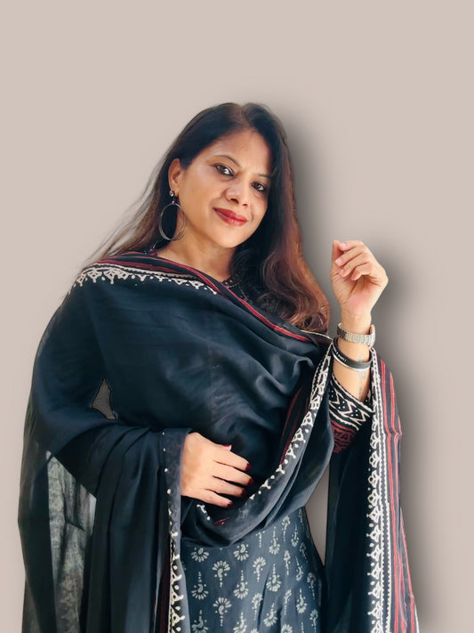 Black block print straight Kurti set 2