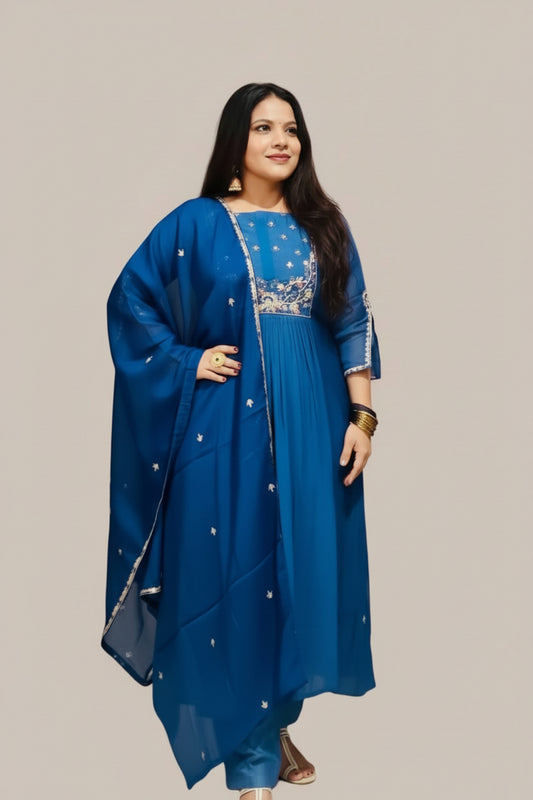 Peacock blue chanderi kurti set