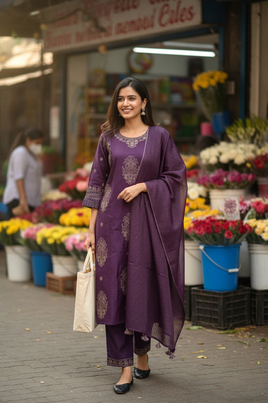 Purple golden sari embroidered straight chanderi Kurti set