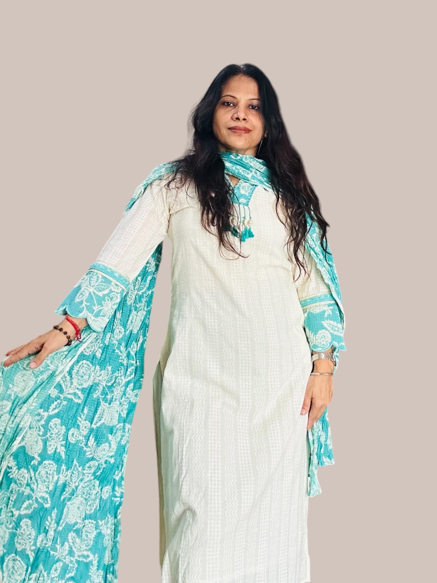 White & Green solid straight Kurti set