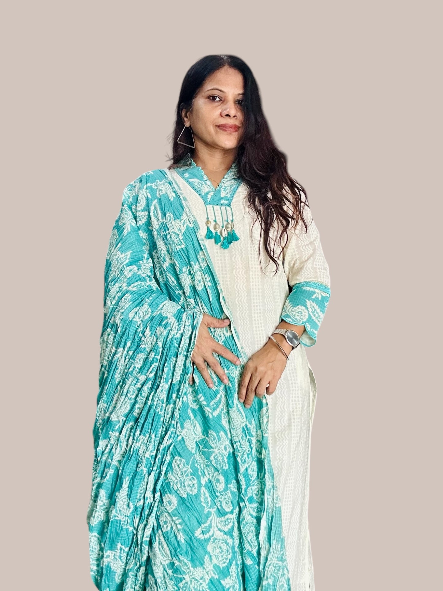 White & Green solid straight Kurti set