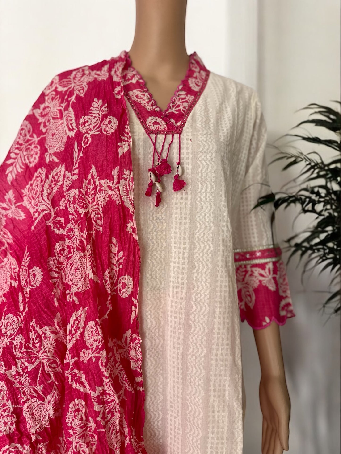 White and pink solid straight Kurti set