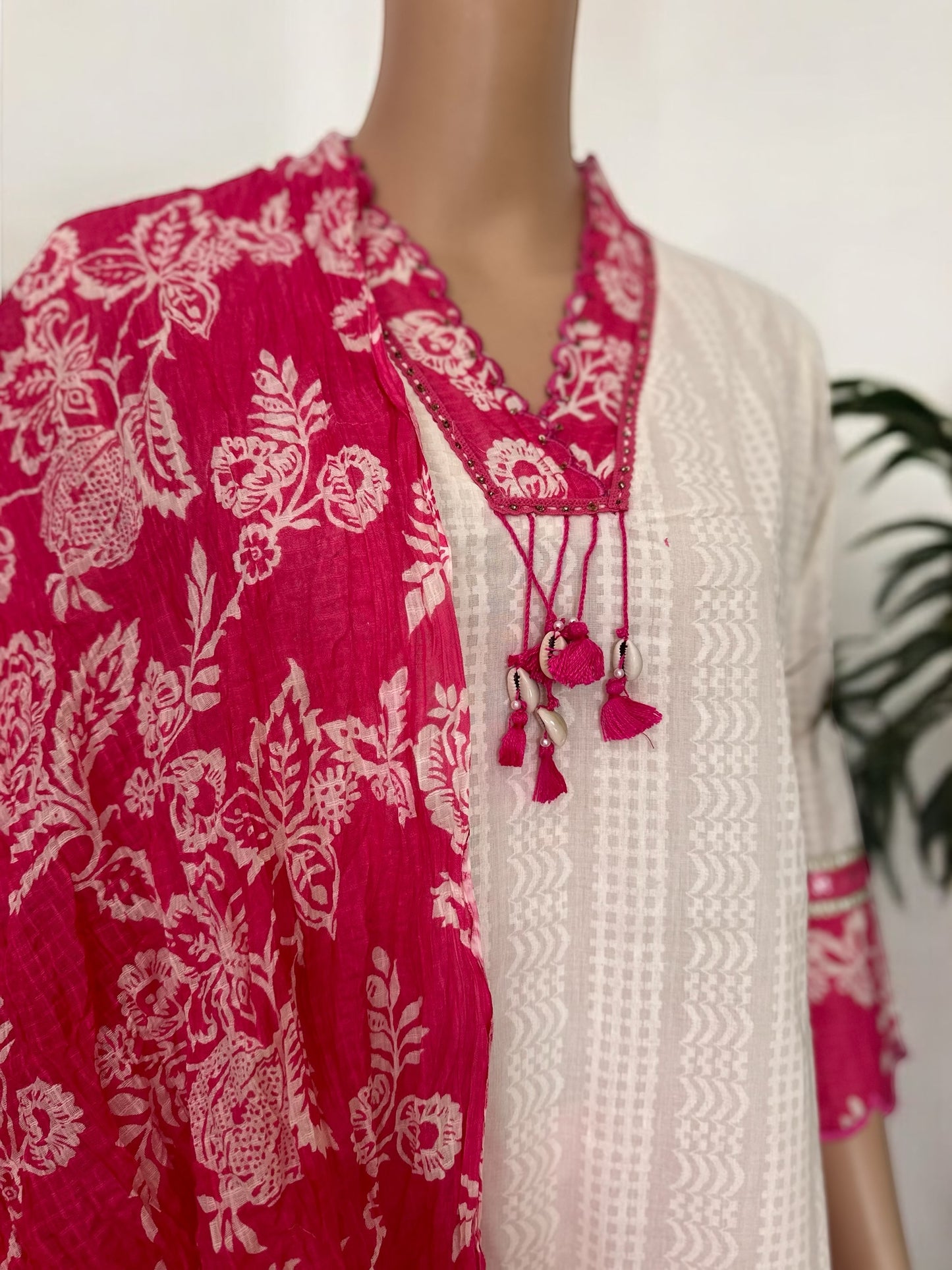 White and pink solid straight Kurti set