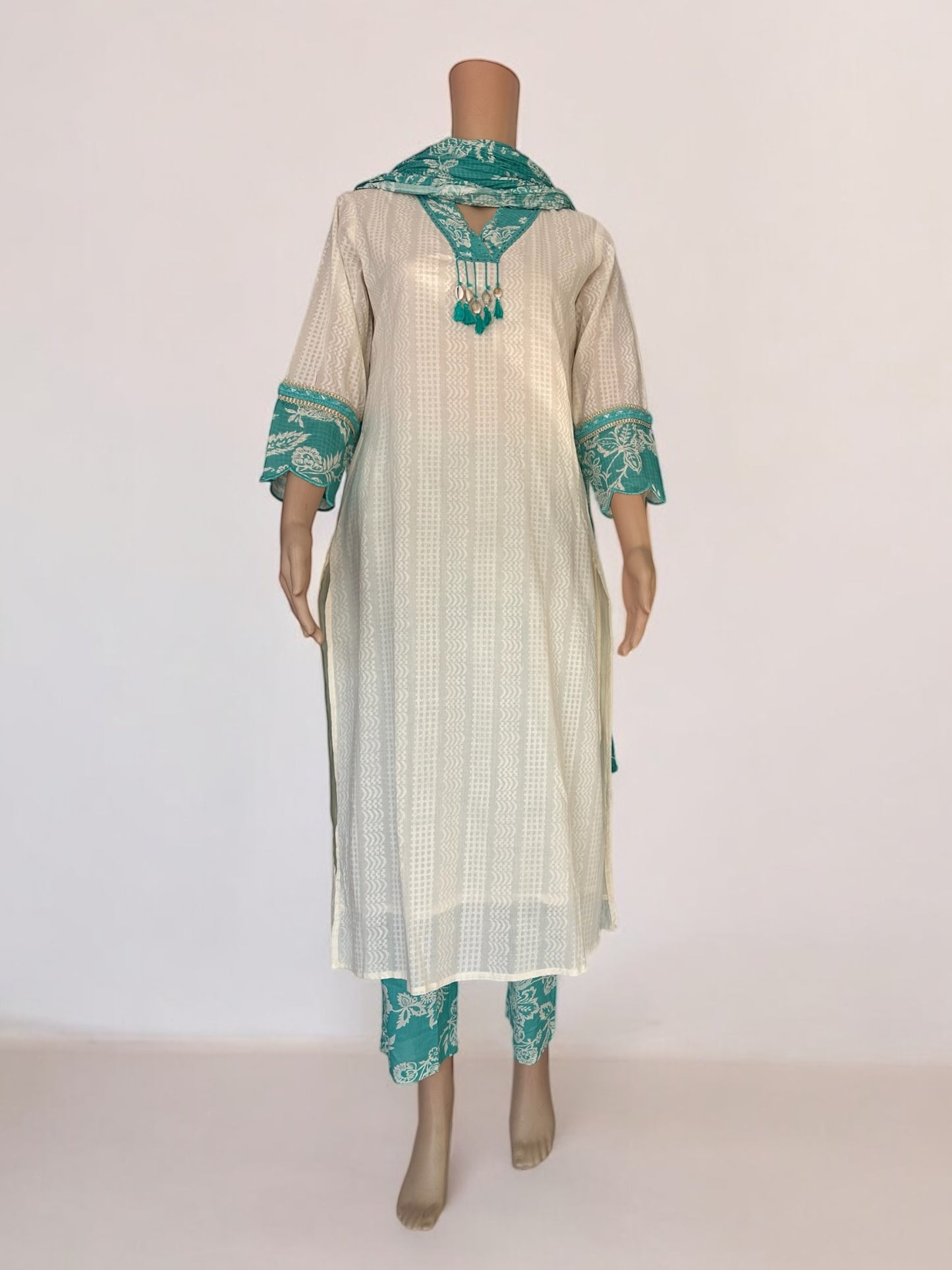 White & Green solid straight Kurti set