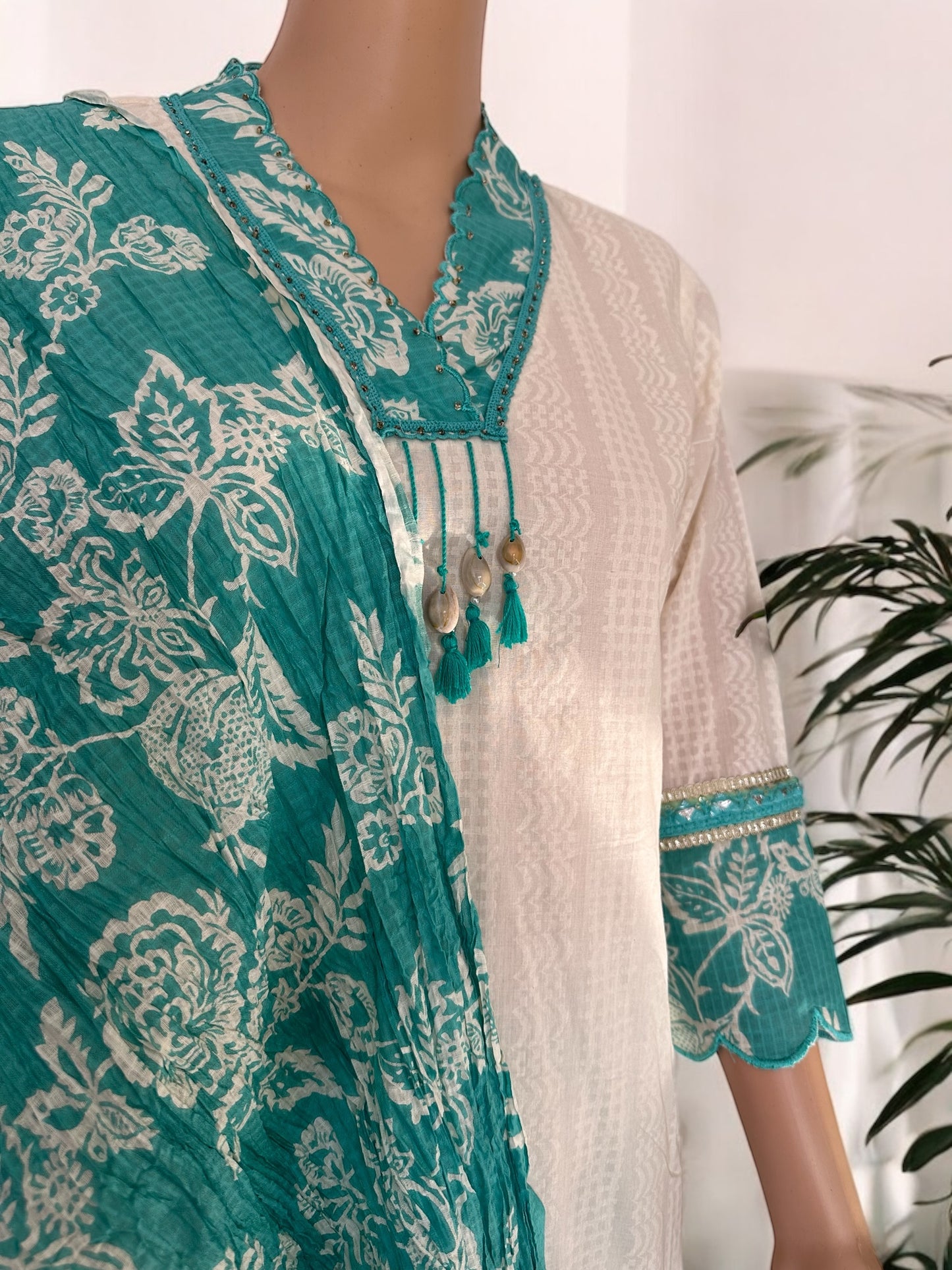White & Green solid straight Kurti set