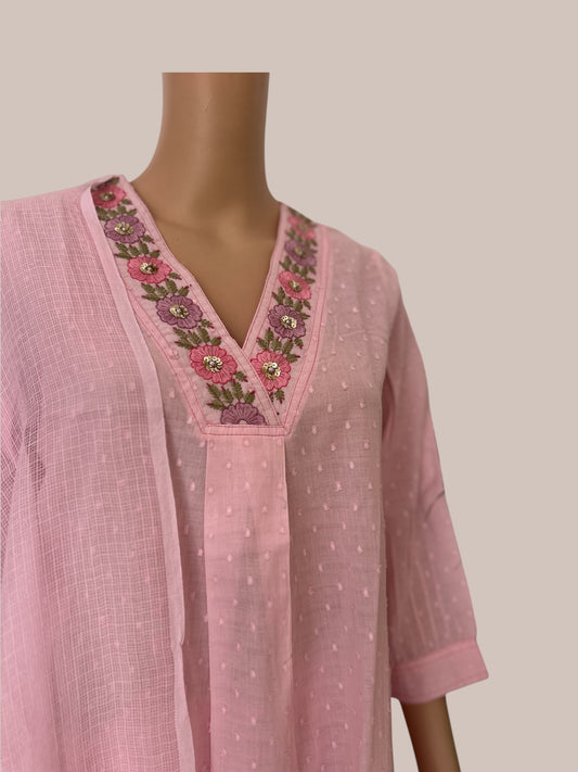 Baby pink solid A- line kurti set