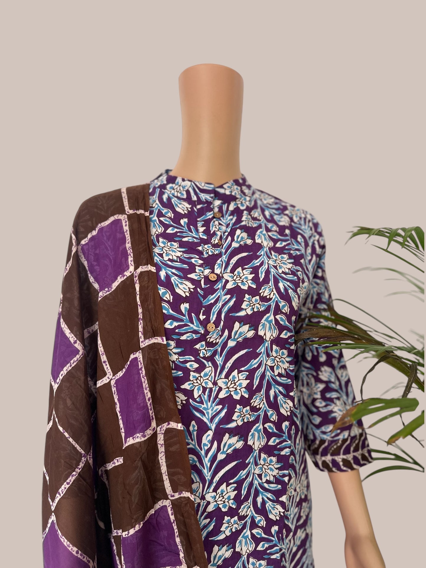 White & purple cotton printed kurti set