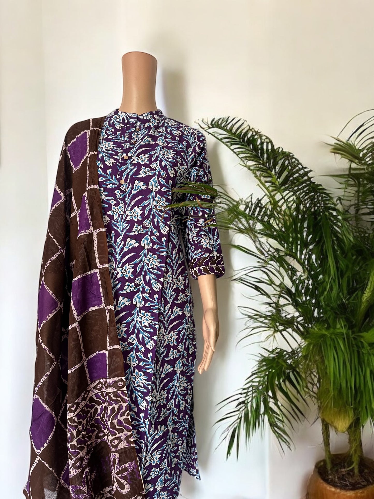 White & purple cotton printed kurti set