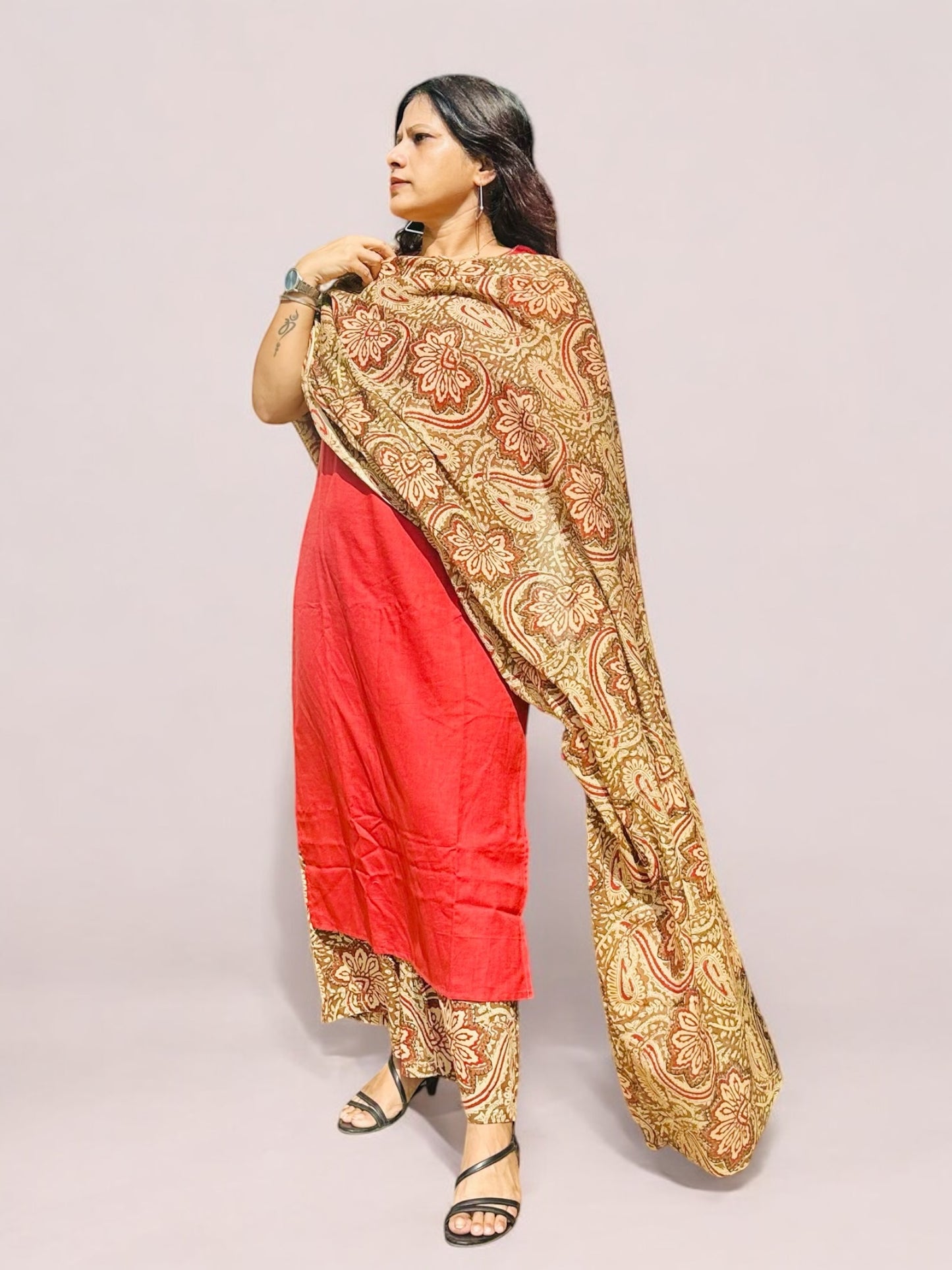 Kalamkaari print sleeveless straight Kurti set